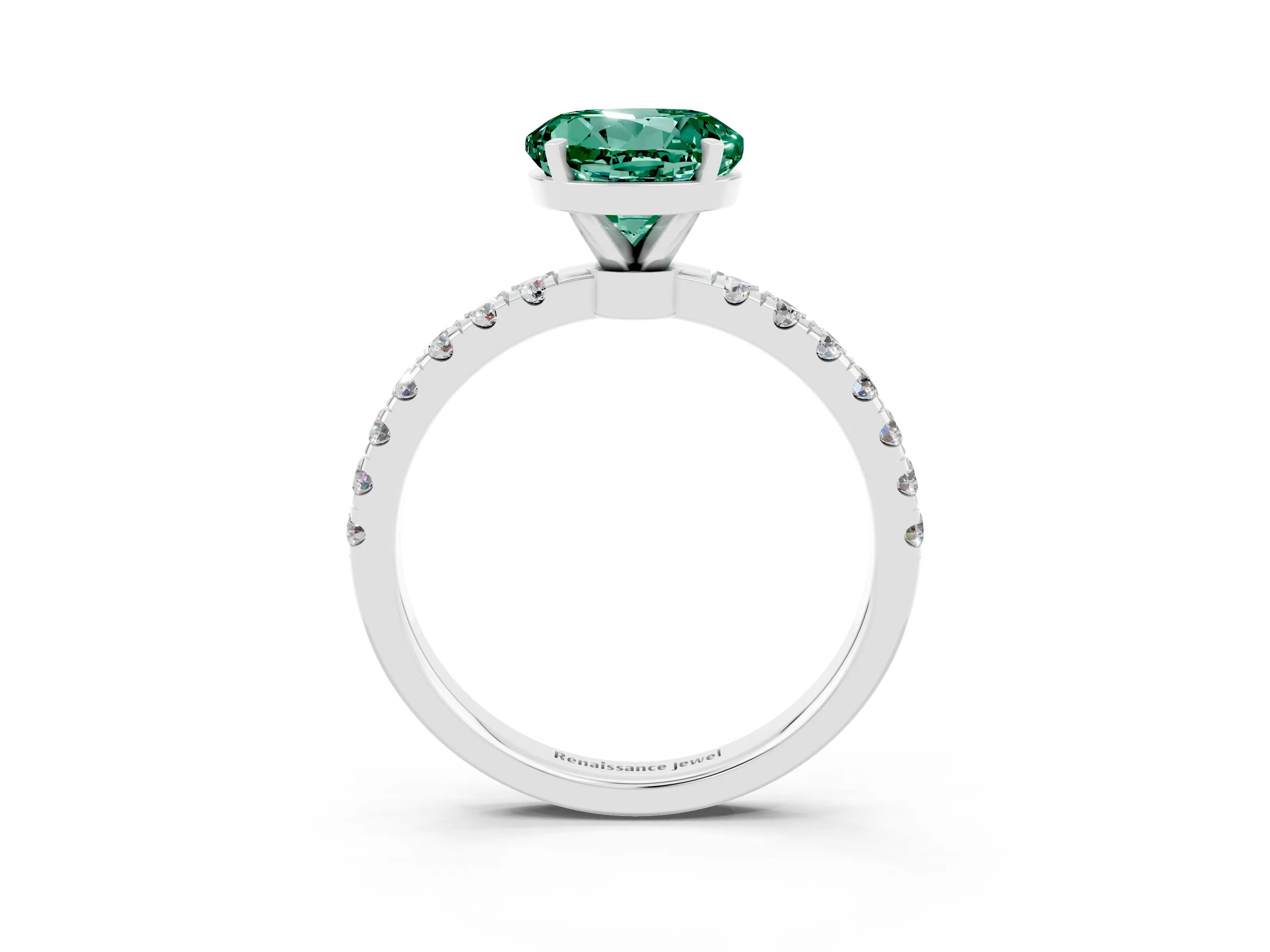 White gold Round Cut Green Sapphire Solitaire Ring with Pavé Accents and Four-Prong Setting_3