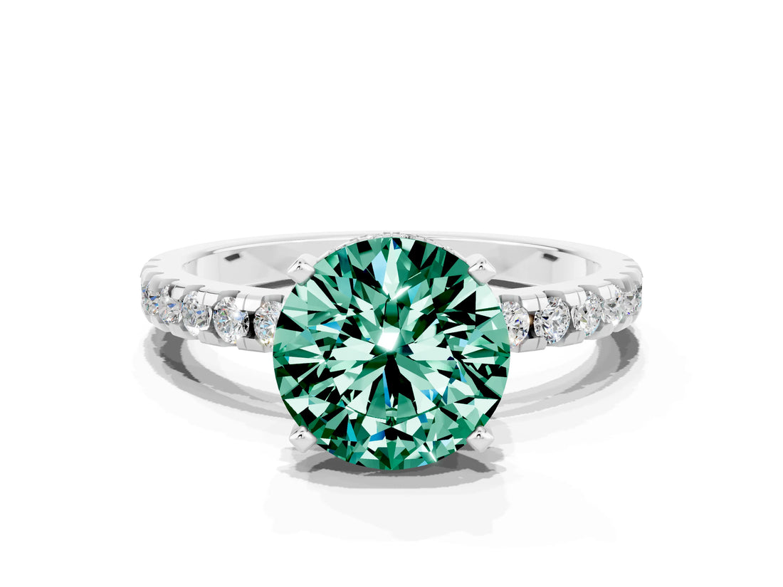 White gold Round Cut Green Sapphire Solitaire Ring with Pavé Band and Four-Prong Setting_12