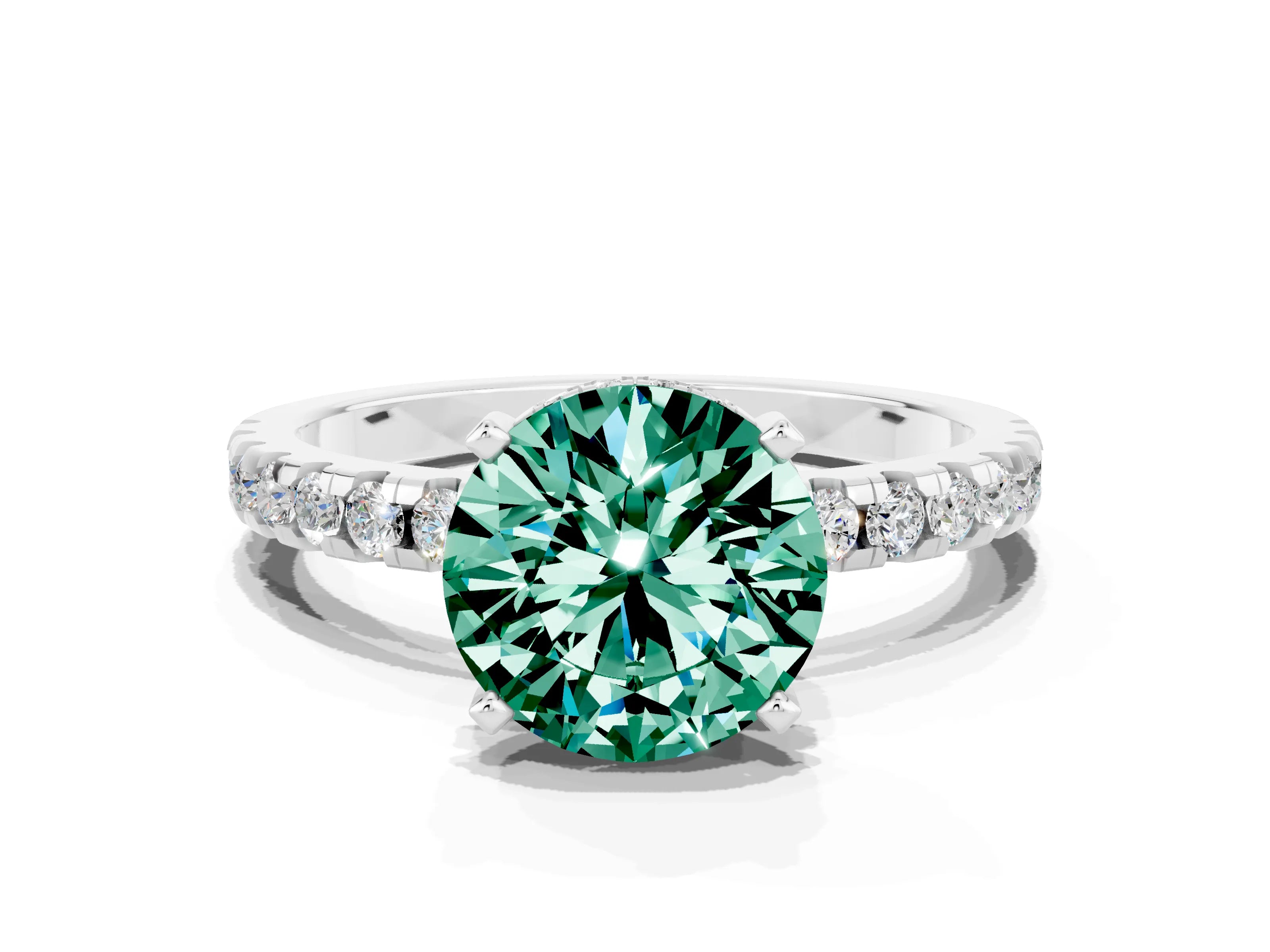 White gold Round Cut Green Sapphire Solitaire Ring with Pavé Band and Four-Prong Setting_12