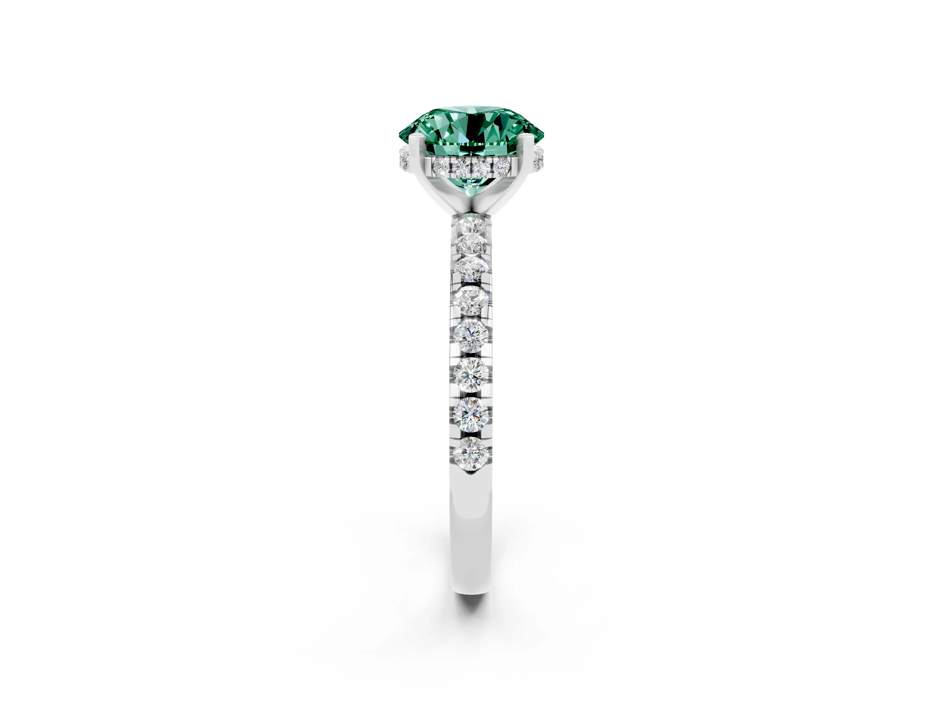White gold Round Cut Green Sapphire Solitaire Ring with Pavé Band and Four-Prong Setting_14