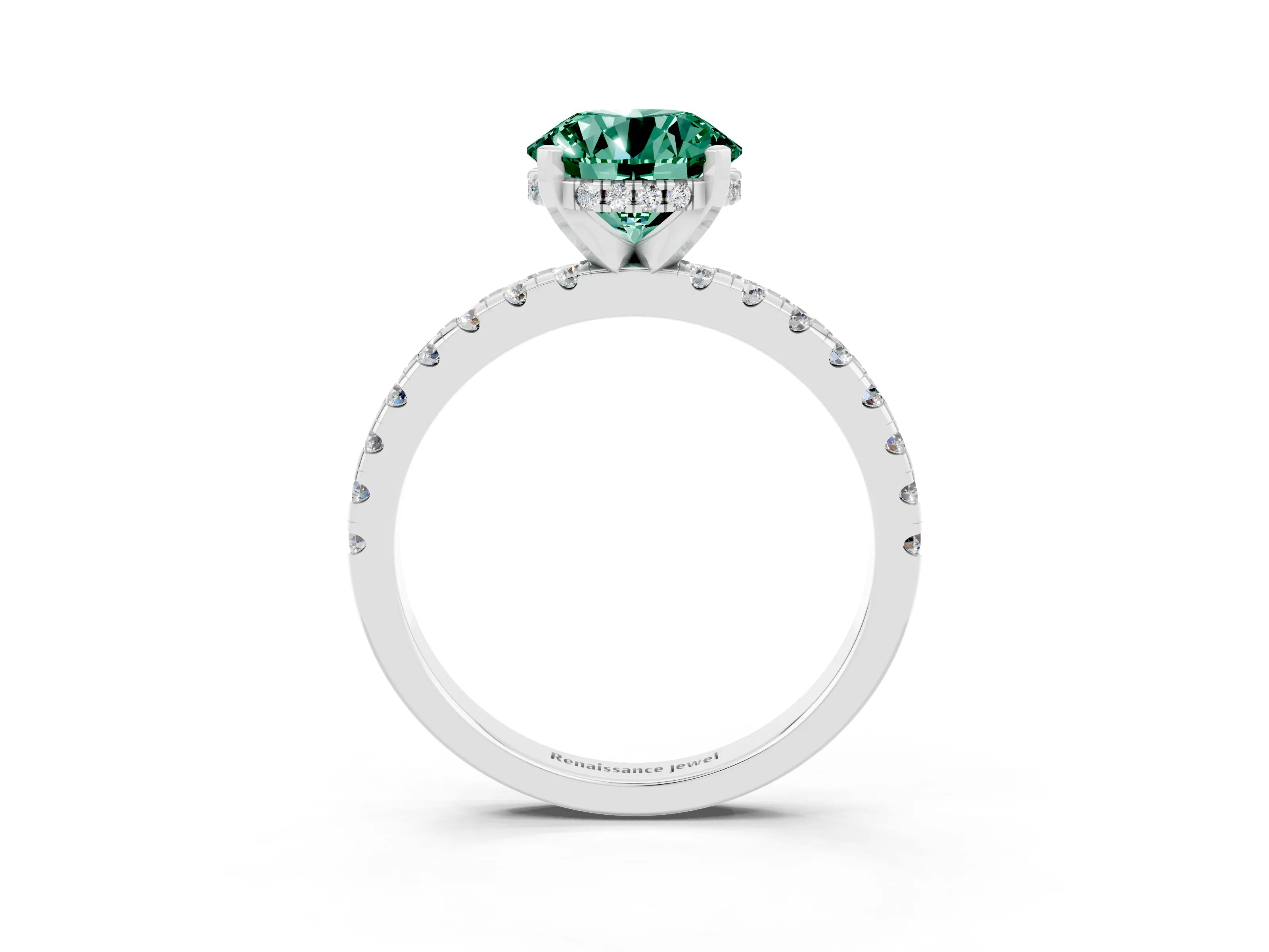 White gold Round Cut Green Sapphire Solitaire Ring with Pavé Band and Four-Prong Setting_15