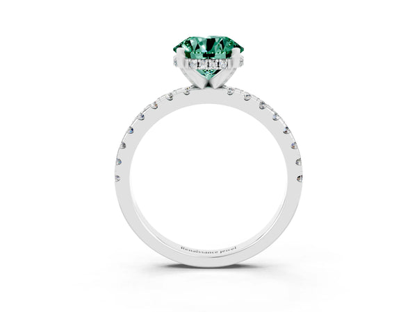 White gold Round Cut Green Sapphire Solitaire Ring with Round  Pavé Band and Four-Prong Setting