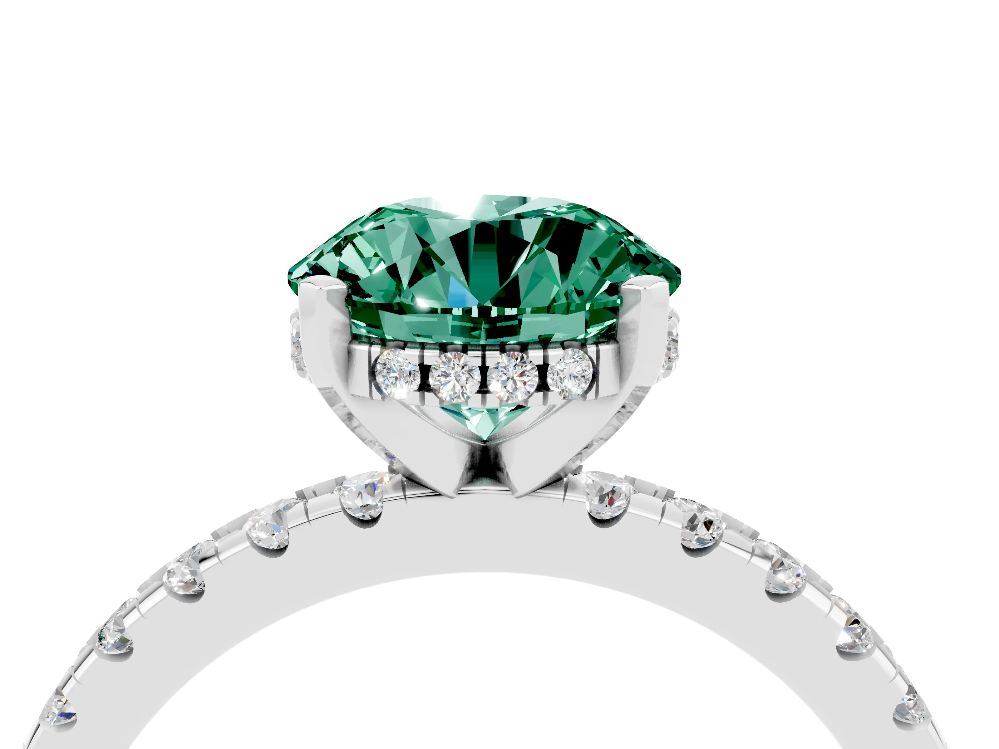 White gold Round Cut Green Sapphire Solitaire Ring with Pavé Band and Four-Prong Setting_16