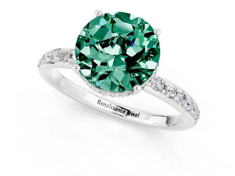 White gold Round Cut Green Sapphire Solitaire Ring with Pavé Band and Hidden Halo_1