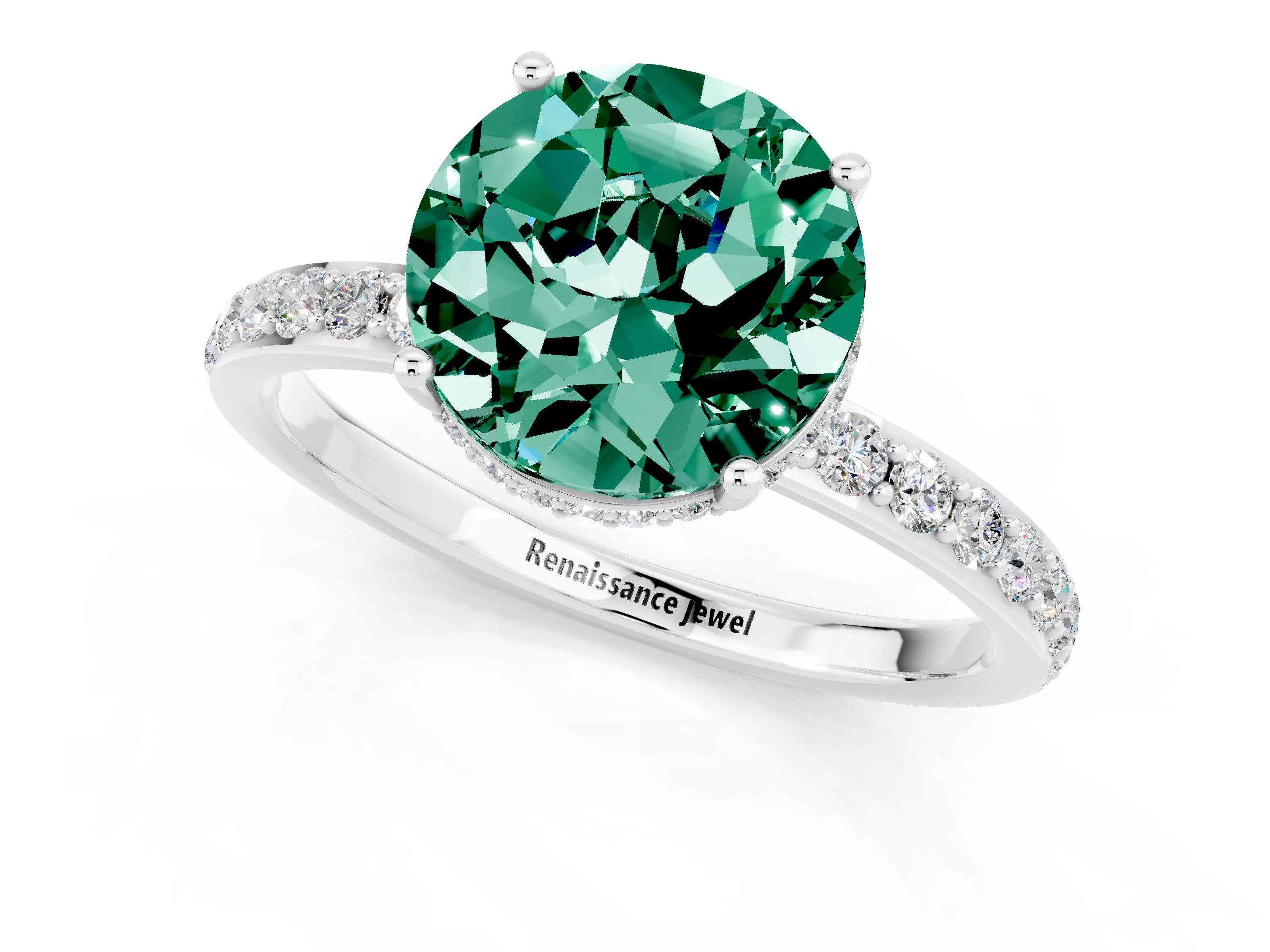 White gold Round Cut Green Sapphire Solitaire Ring with Pavé Band and Hidden Halo_25