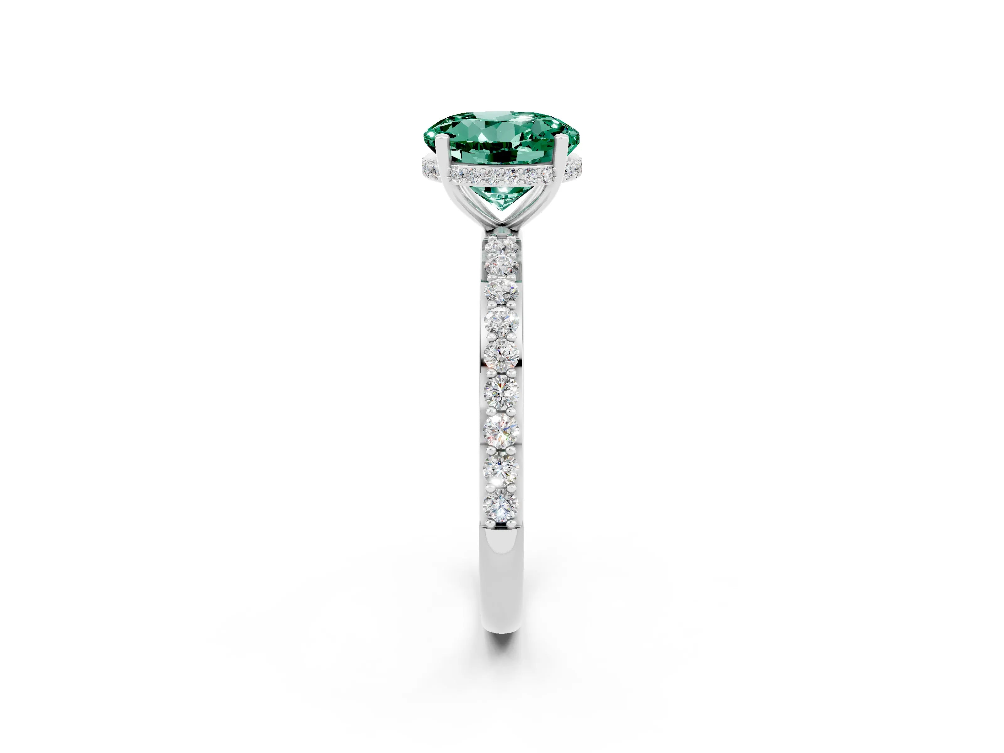 White gold Round Cut Green Sapphire Solitaire Ring with Pavé Band and Hidden Halo_26