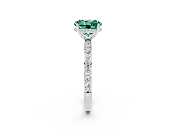 White gold Round Cut Green Sapphire Solitaire Ring with Pavé Band and Hidden Halo