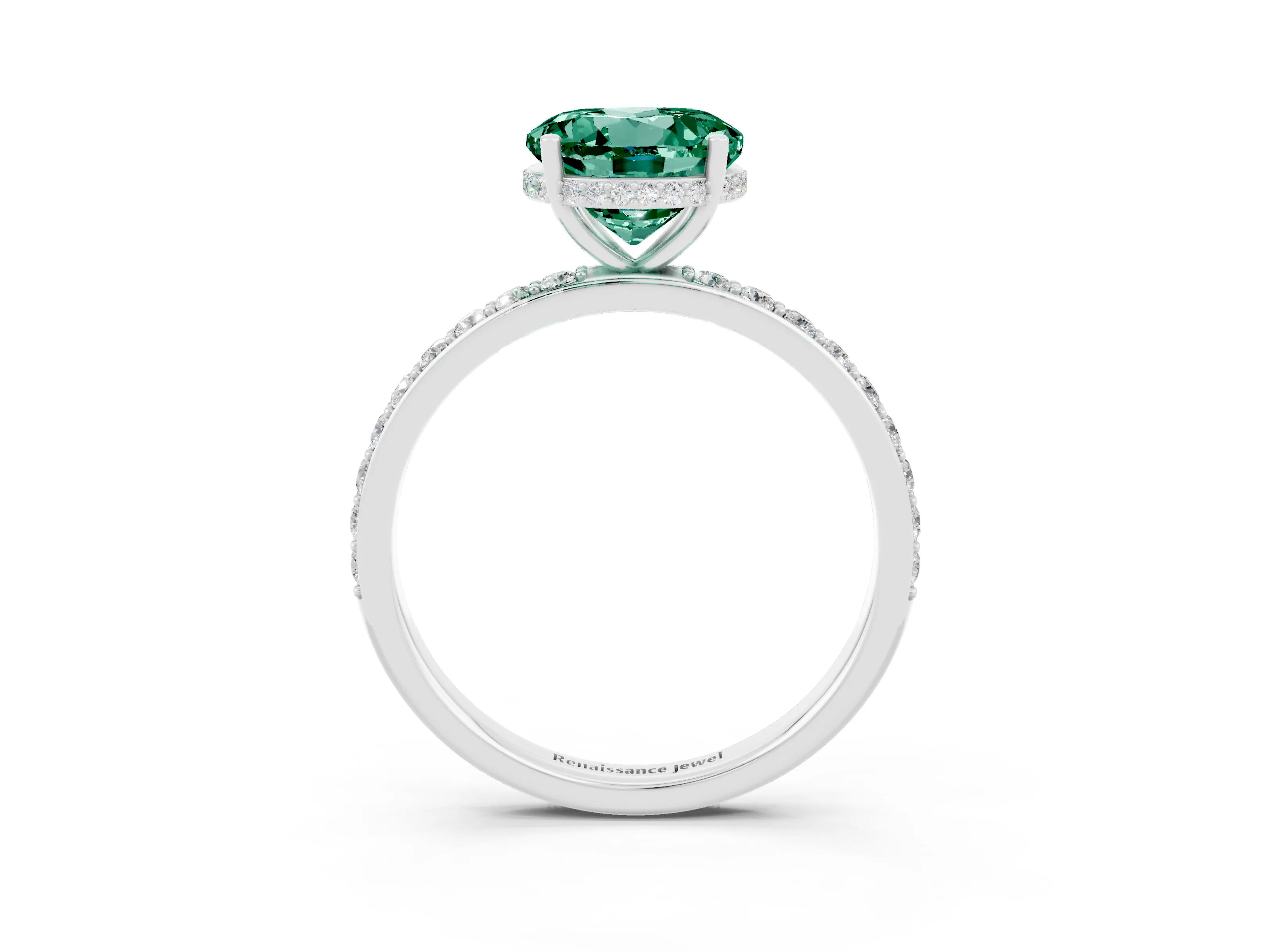 White gold Round Cut Green Sapphire Solitaire Ring with Pavé Band and Hidden Halo_27