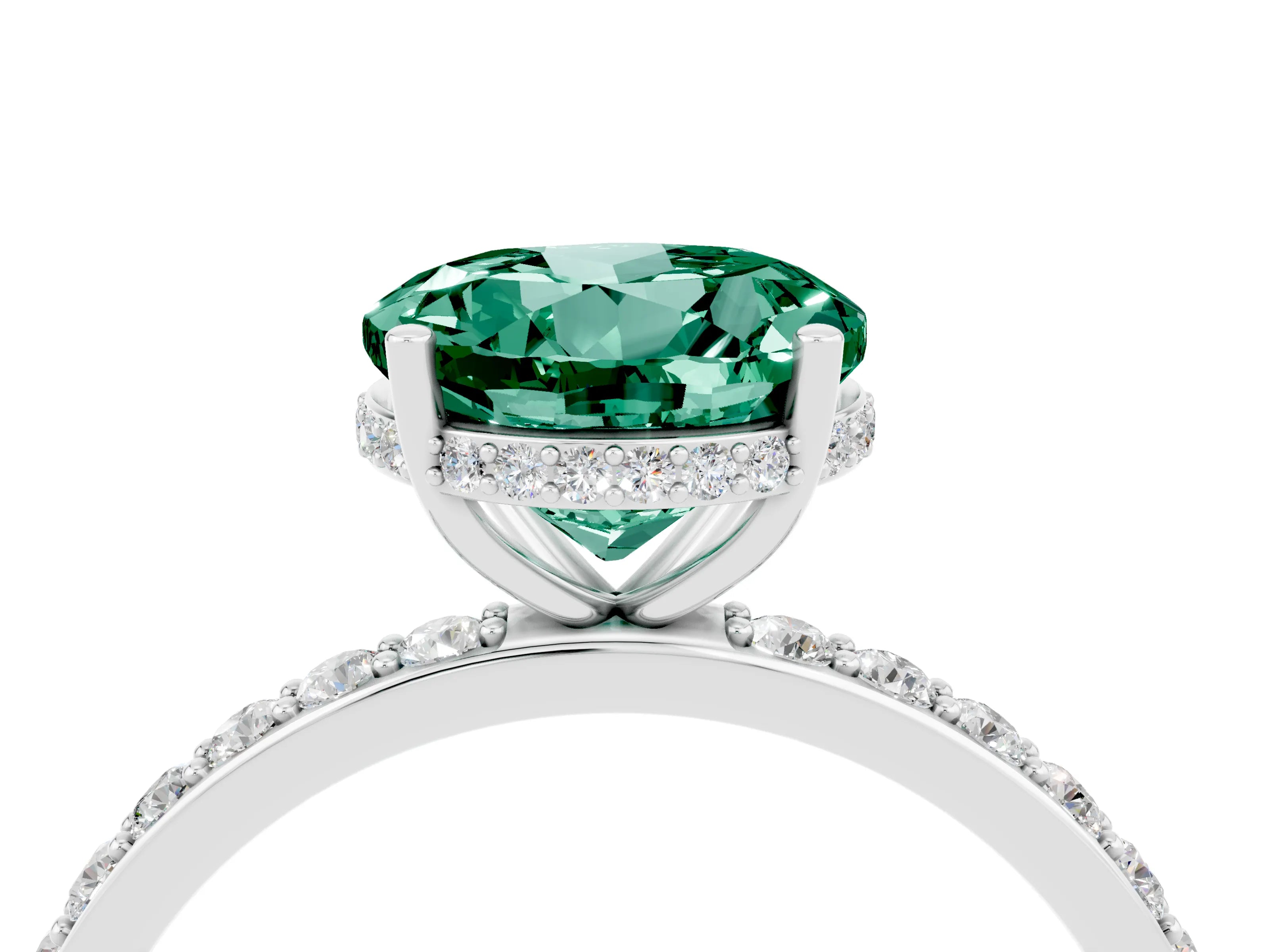White gold Round Cut Green Sapphire Solitaire Ring with Pavé Band and Hidden Halo_4