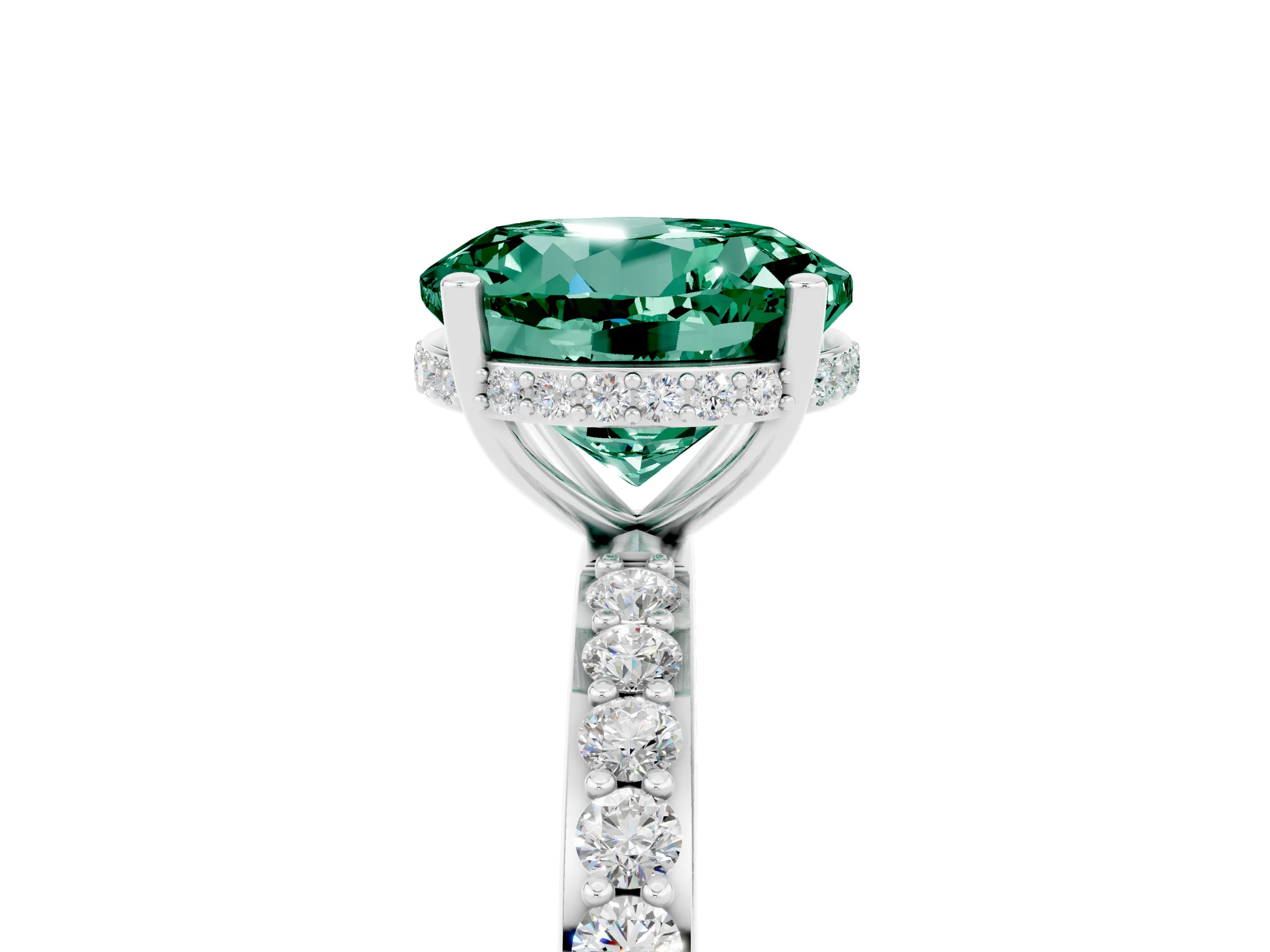 White gold Round Cut Green Sapphire Solitaire Ring with Pavé Band and Hidden Halo_5