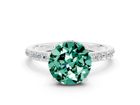 White gold Round Cut Green Sapphire Solitaire Ring with Pavé Band and Hidden Halo