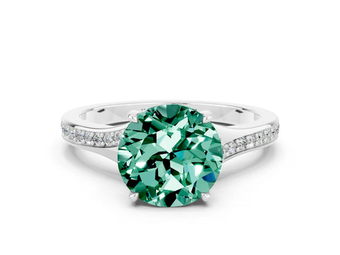 White gold Round Cut Green Sapphire Solitaire Ring with Pavé Band and Prong Setting_12
