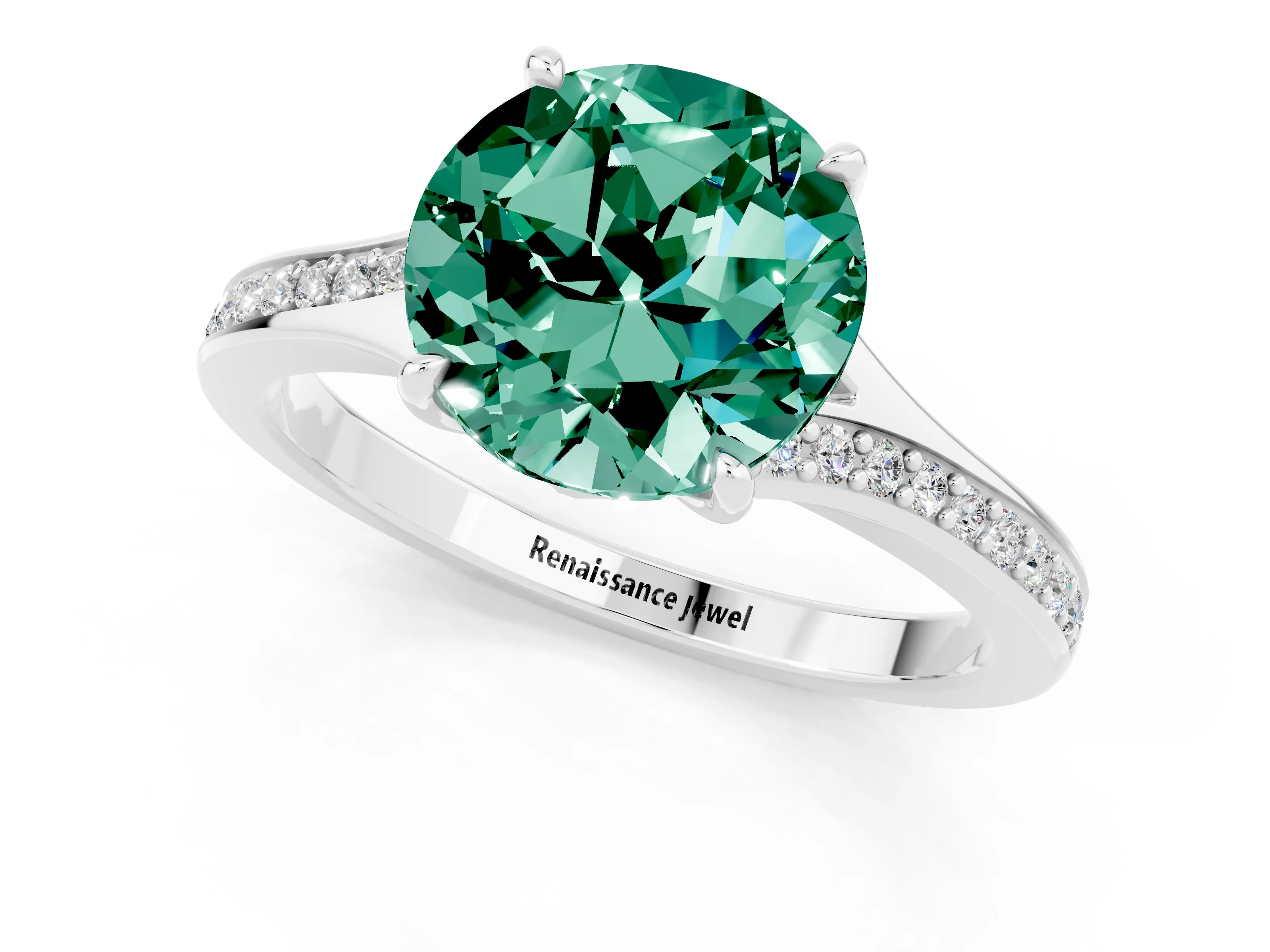 White gold Round Cut Green Sapphire Solitaire Ring with Pavé Band and Prong Setting_13
