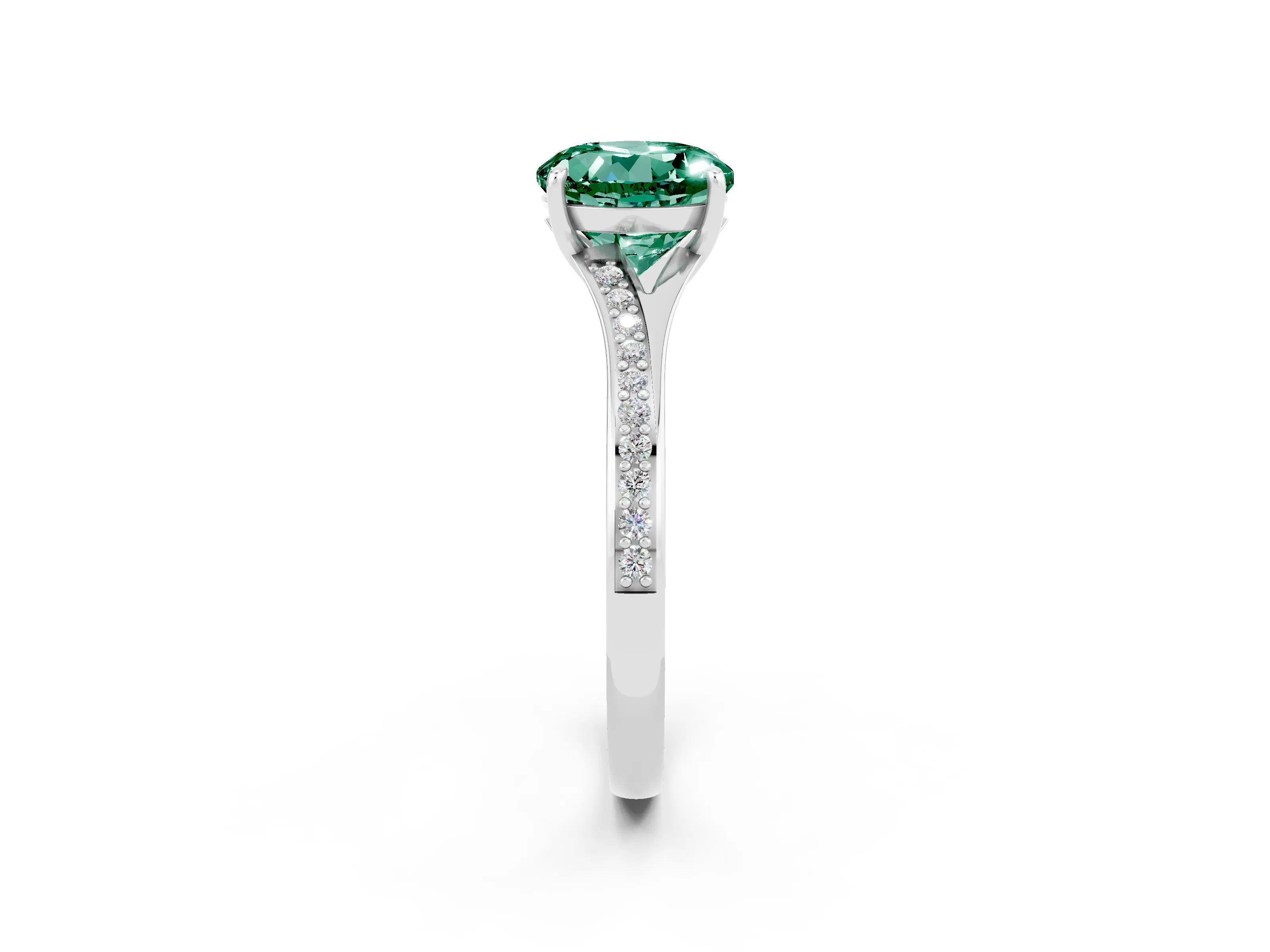 White gold Round Cut Green Sapphire Solitaire Ring with Pavé Band and Prong Setting_2