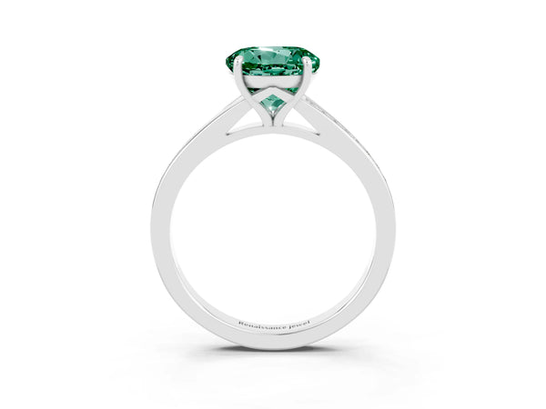 Silver Round Cut Green Sapphire Solitaire Ring with Pavé Band and Prong Setting