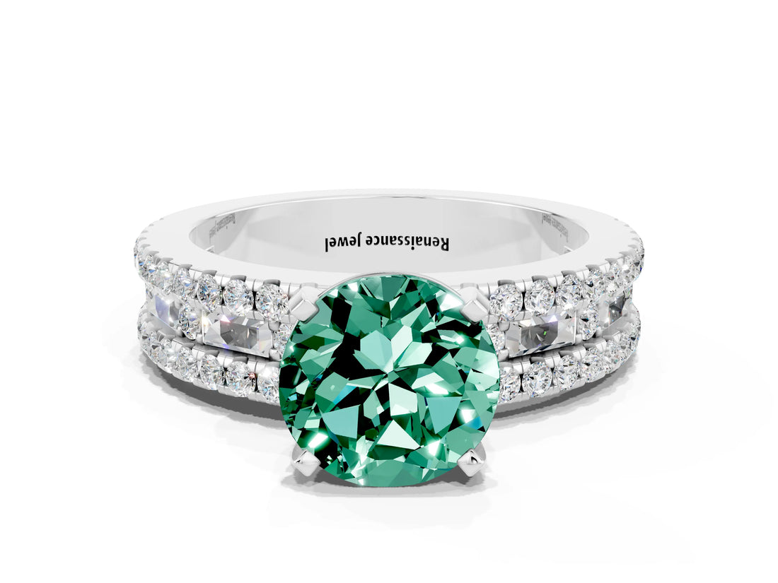 White gold Round Cut Green Sapphire Solitaire Ring with Pavé and Channel Set Band