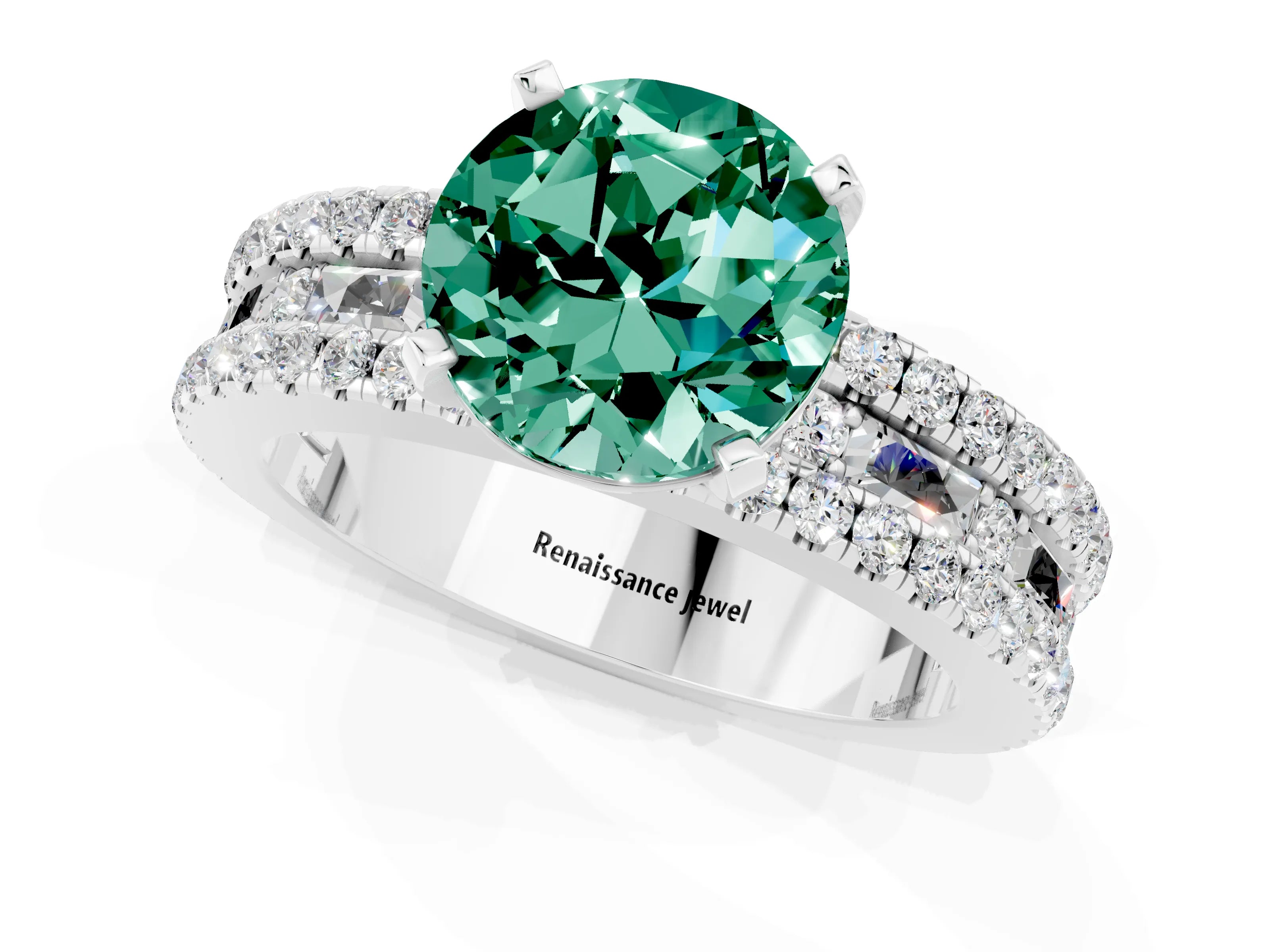 White gold Round Cut Green Sapphire Solitaire Ring with Pavé and Channel Set Band_1