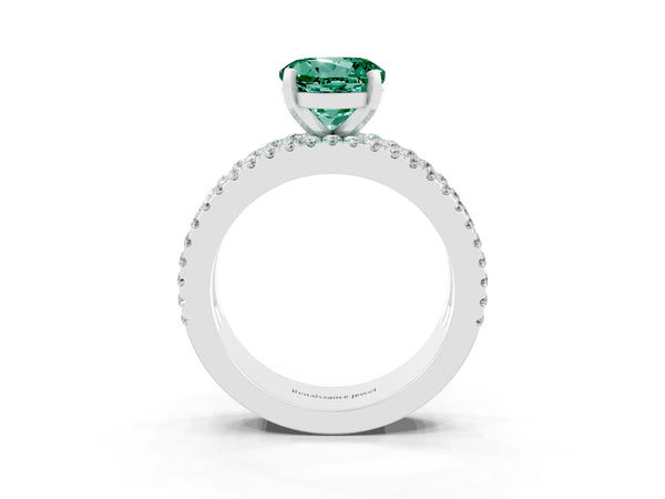 Platinum Round Cut Green Sapphire Solitaire Ring with Pavé and Channel Set Band