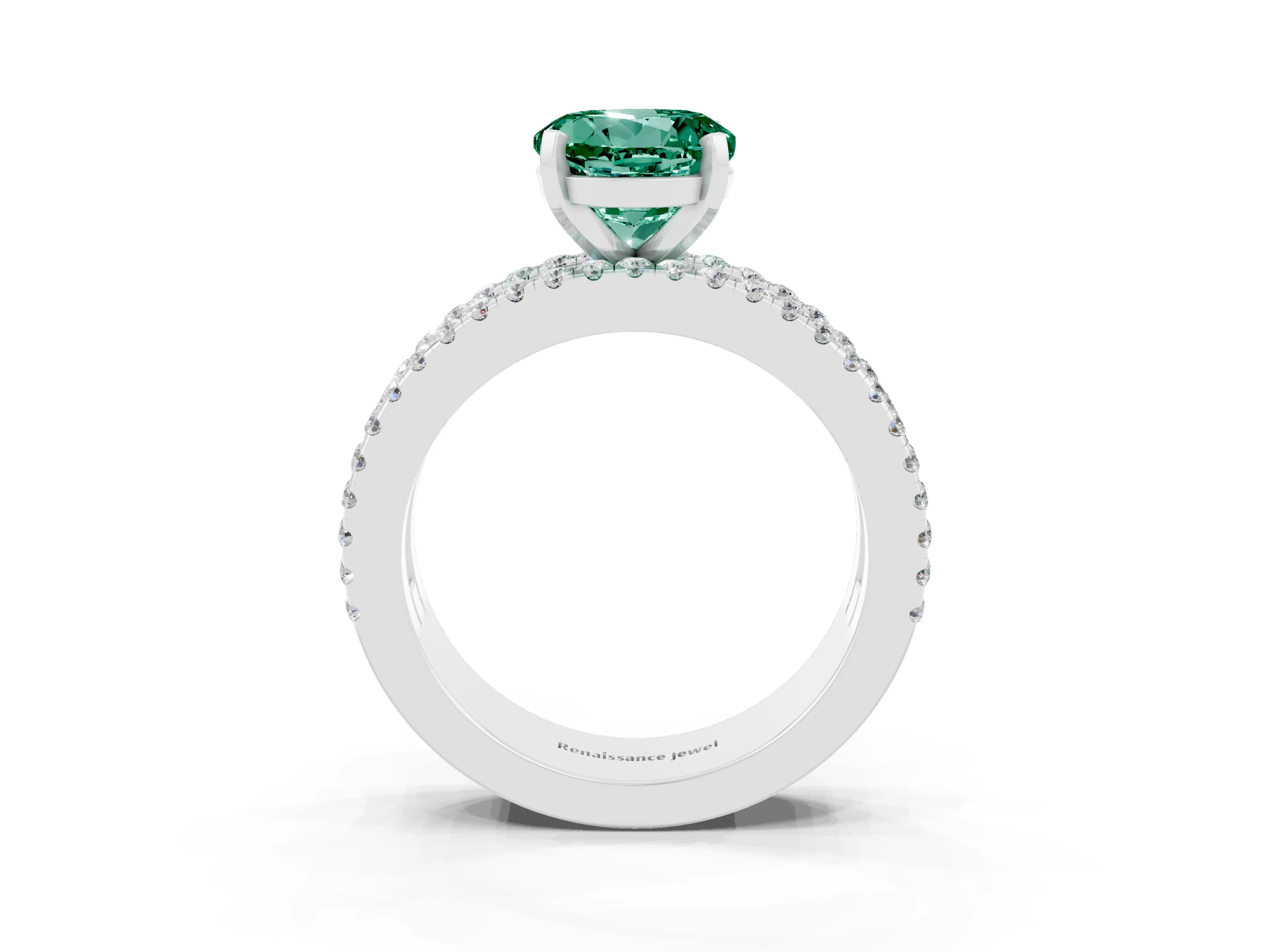White gold Round Cut Green Sapphire Solitaire Ring with Pavé and Channel Set Band_3