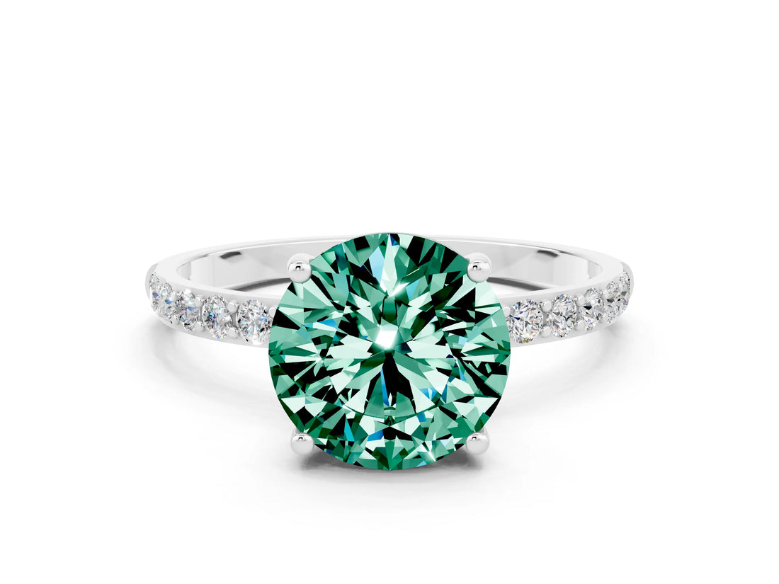 White gold Round Cut Green Sapphire Solitaire Ring with Pave Band and Four Prong Setting_24