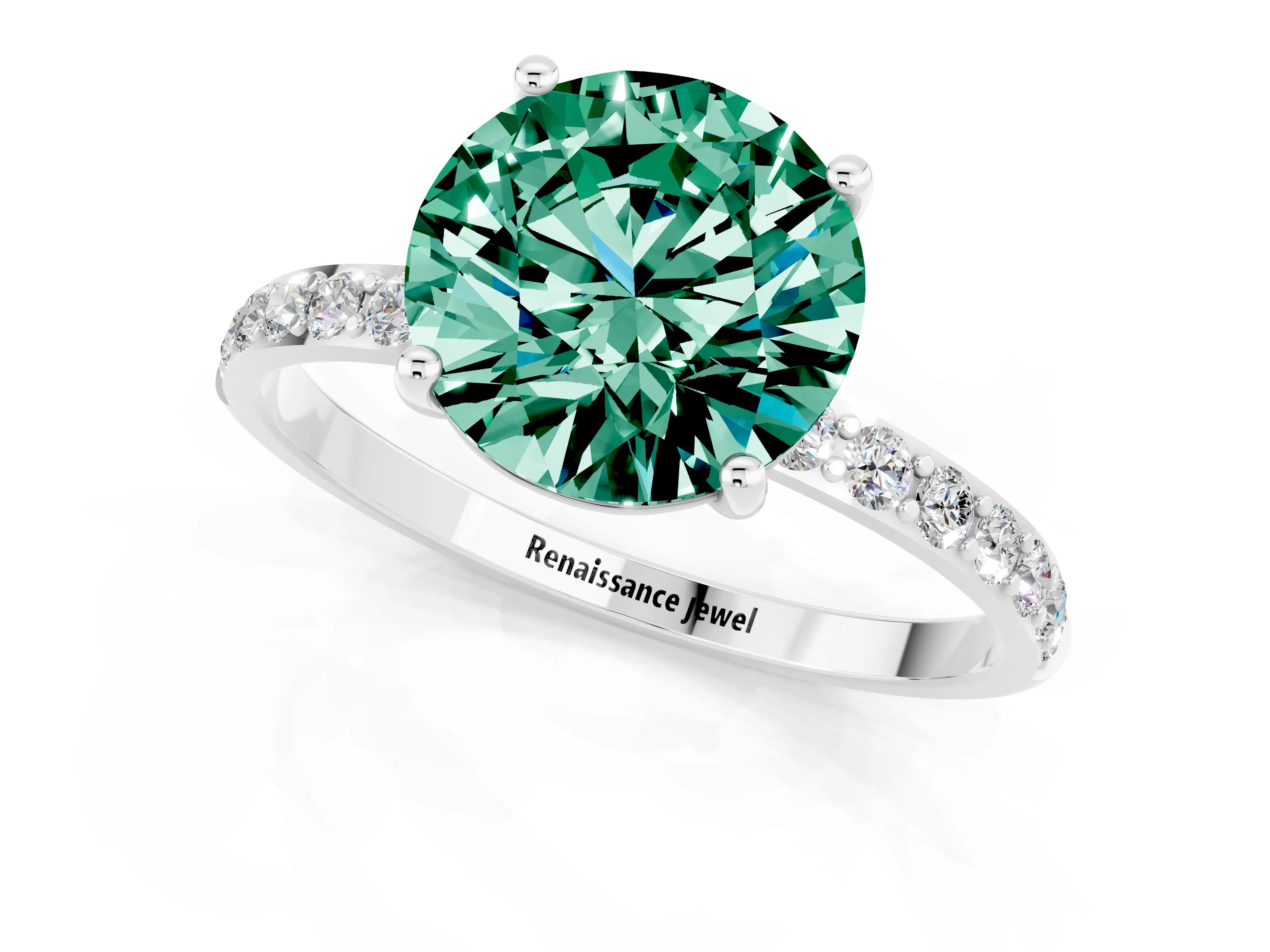 White gold Round Cut Green Sapphire Solitaire Ring with Pave Band and Four Prong Setting_25