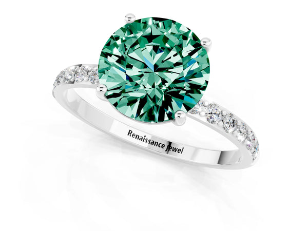 Platinum Round Cut Green Sapphire Solitaire Ring with Round  Pavé Band and Prong Setting