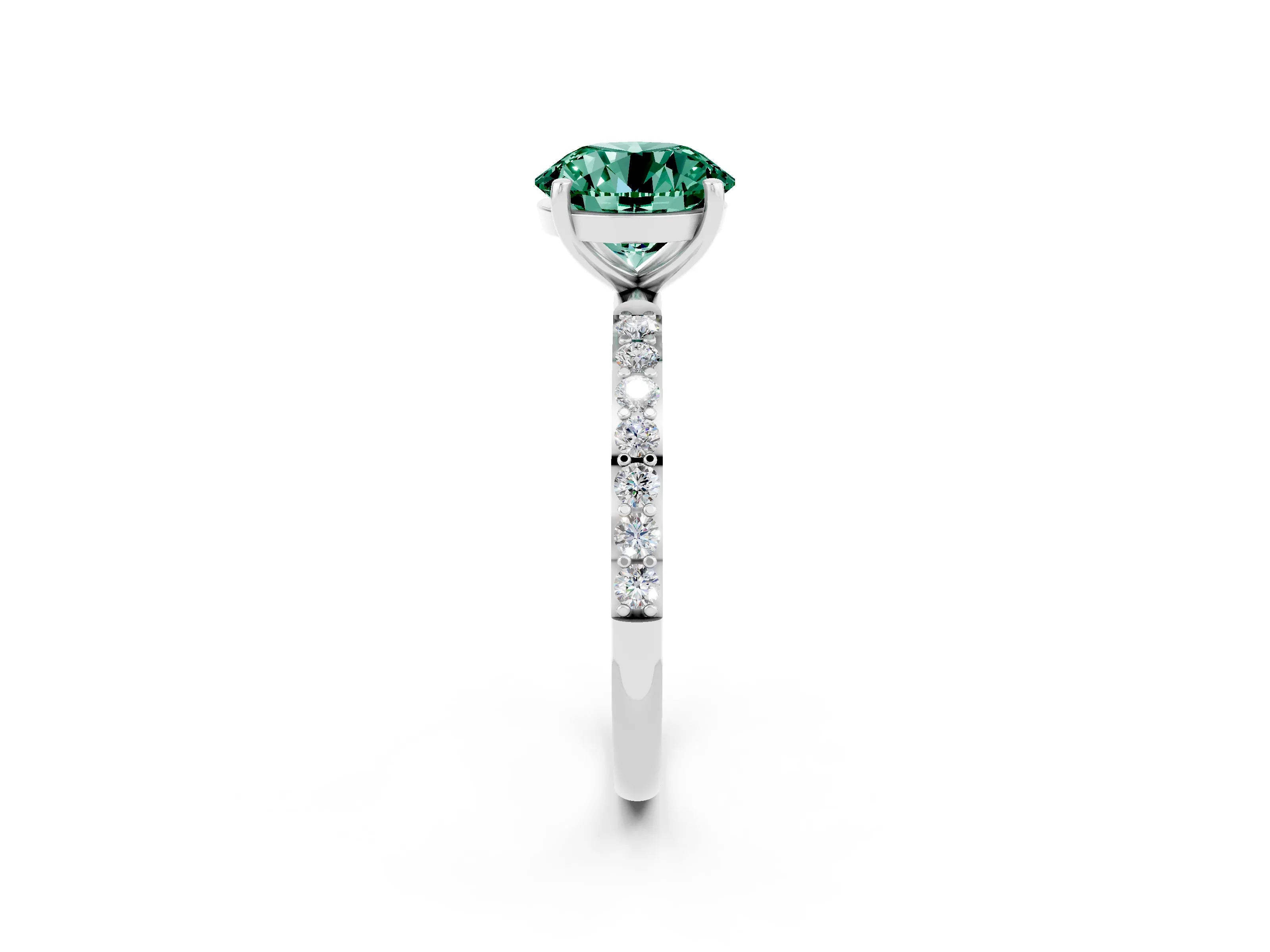 White gold Round Cut Green Sapphire Solitaire Ring with Pave Band and Four Prong Setting_26