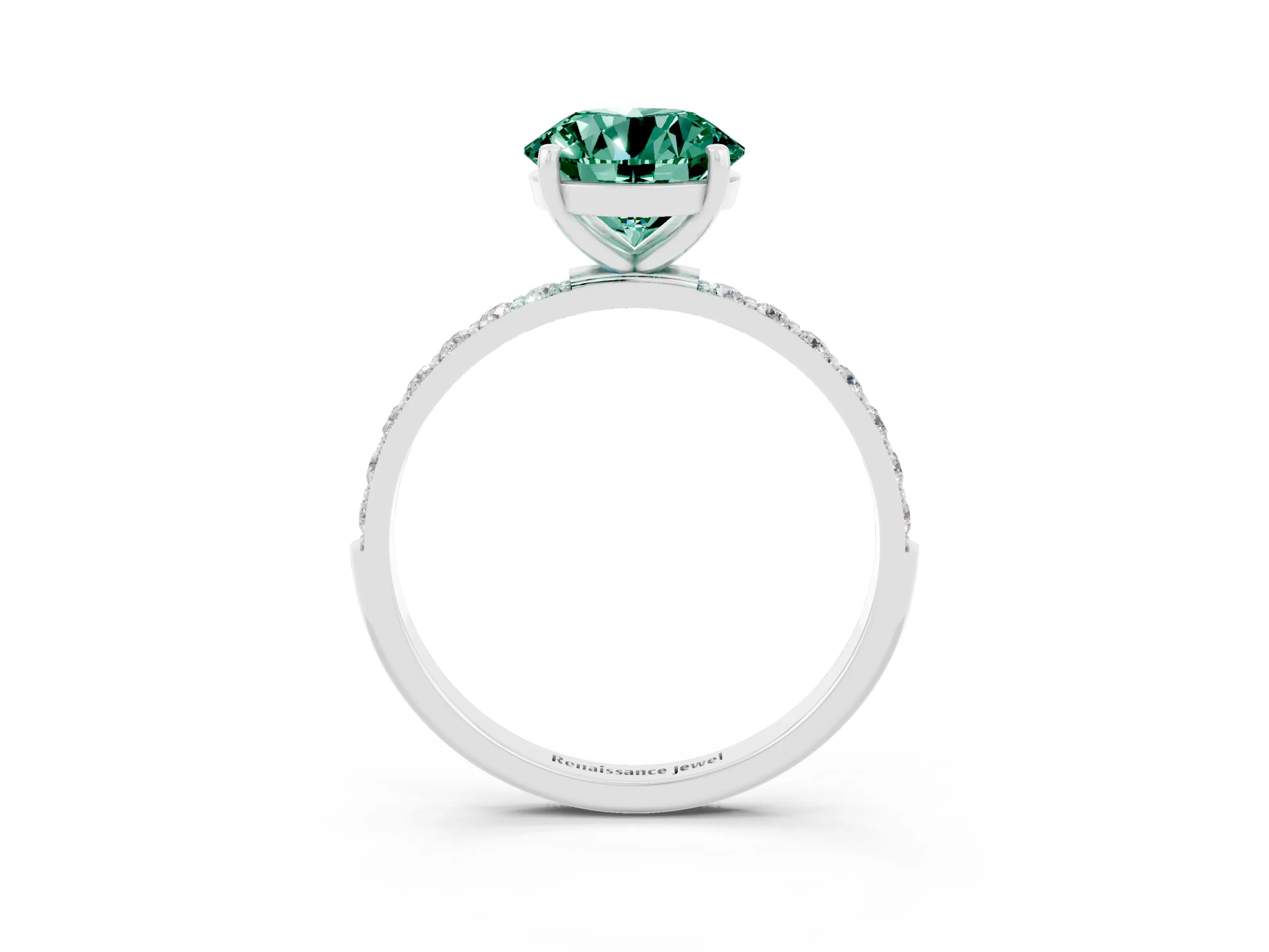 White gold Round Cut Green Sapphire Solitaire Ring with Pave Band and Four Prong Setting_27