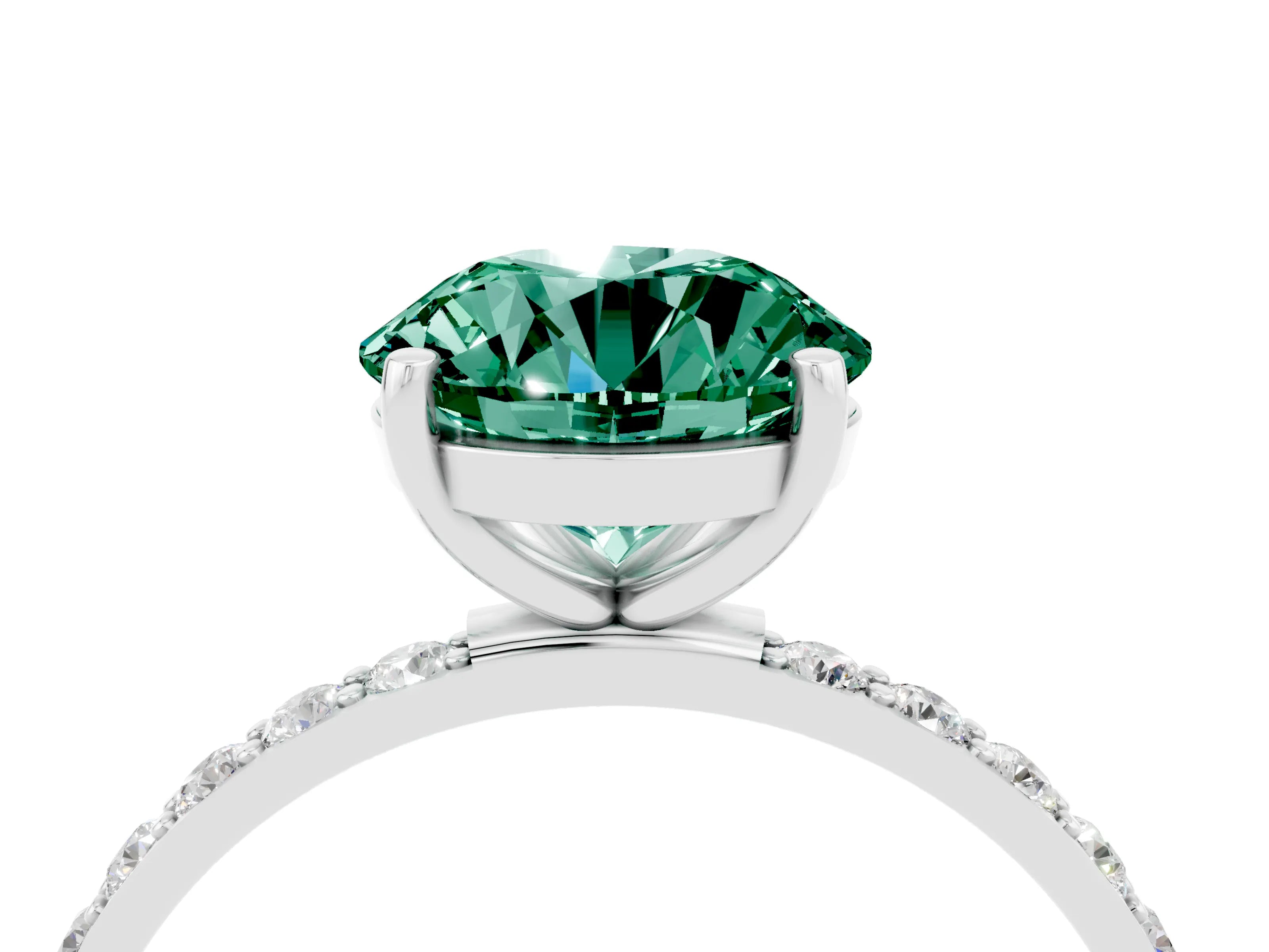 White gold Round Cut Green Sapphire Solitaire Ring with Pave Band and Four Prong Setting_28