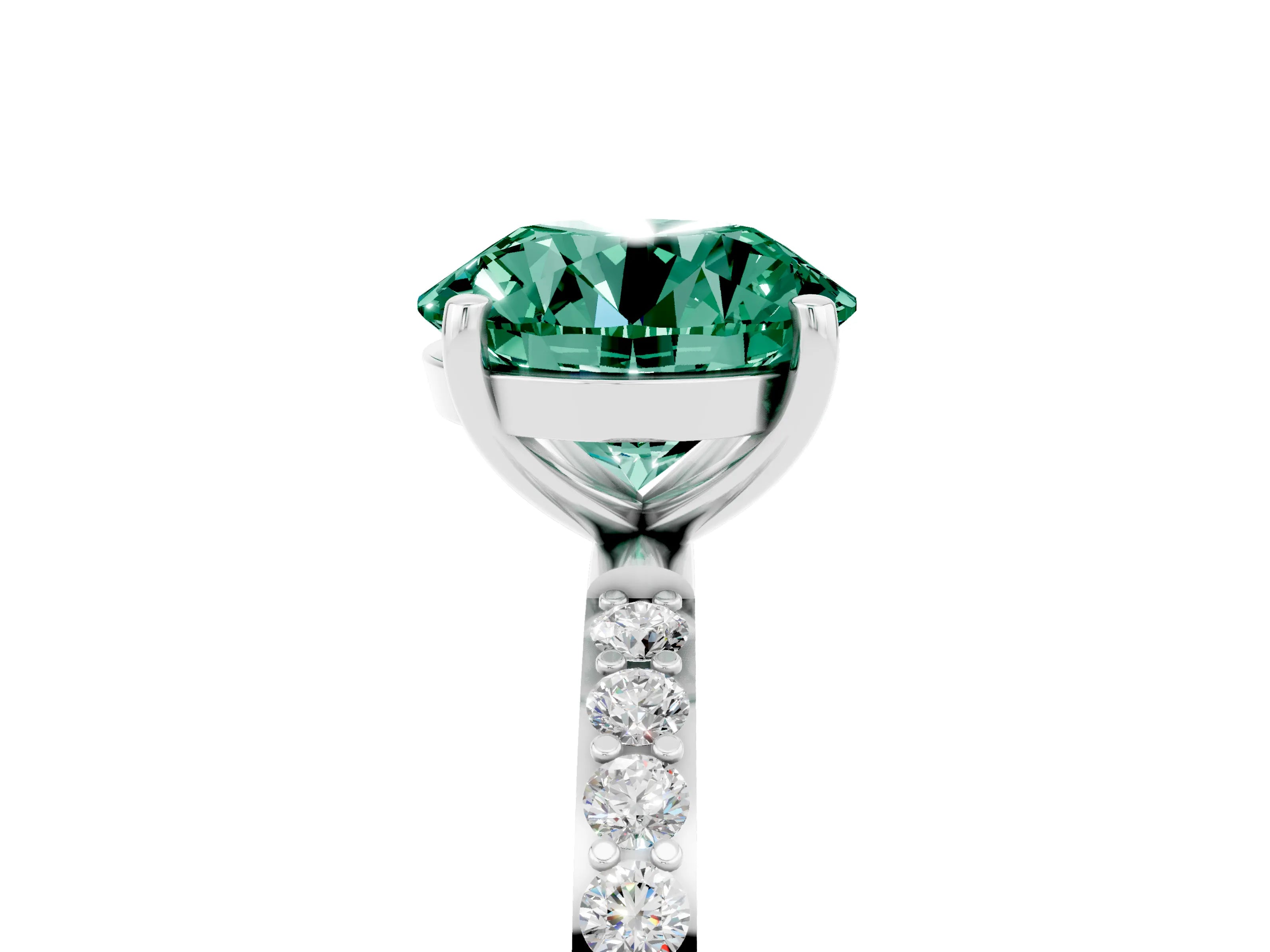 White gold Round Cut Green Sapphire Solitaire Ring with Pave Band and Four Prong Setting_29