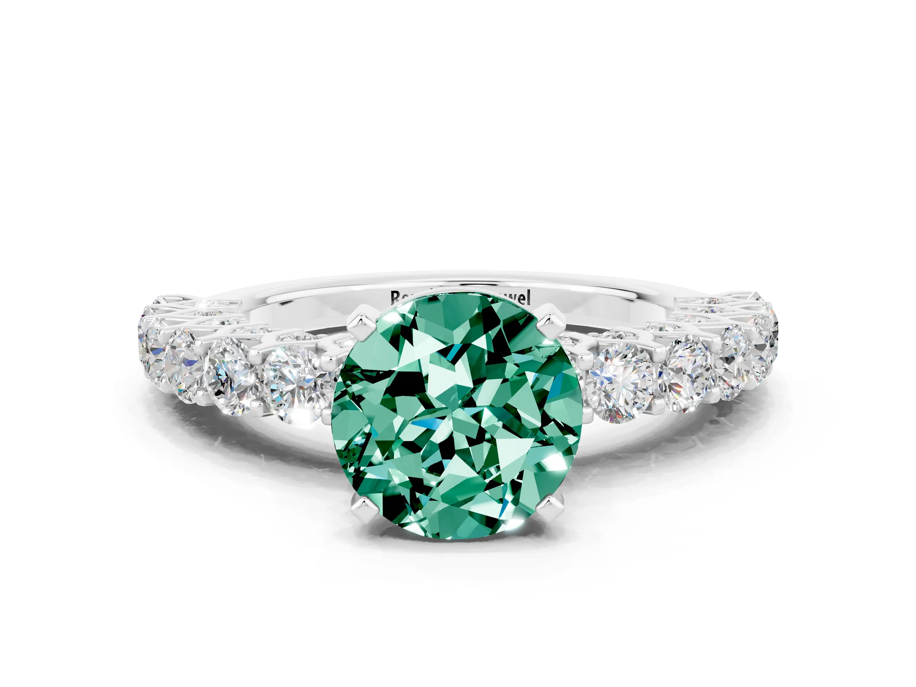 White gold Round Cut Green Sapphire Solitaire Ring with Shared Prong Pavé Band and Four-Prong Setting