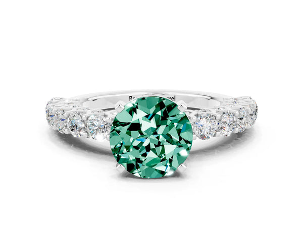 Silver Round Cut Green Sapphire Solitaire Ring with Shared Prong Pavé Band and Four-Prong Setting