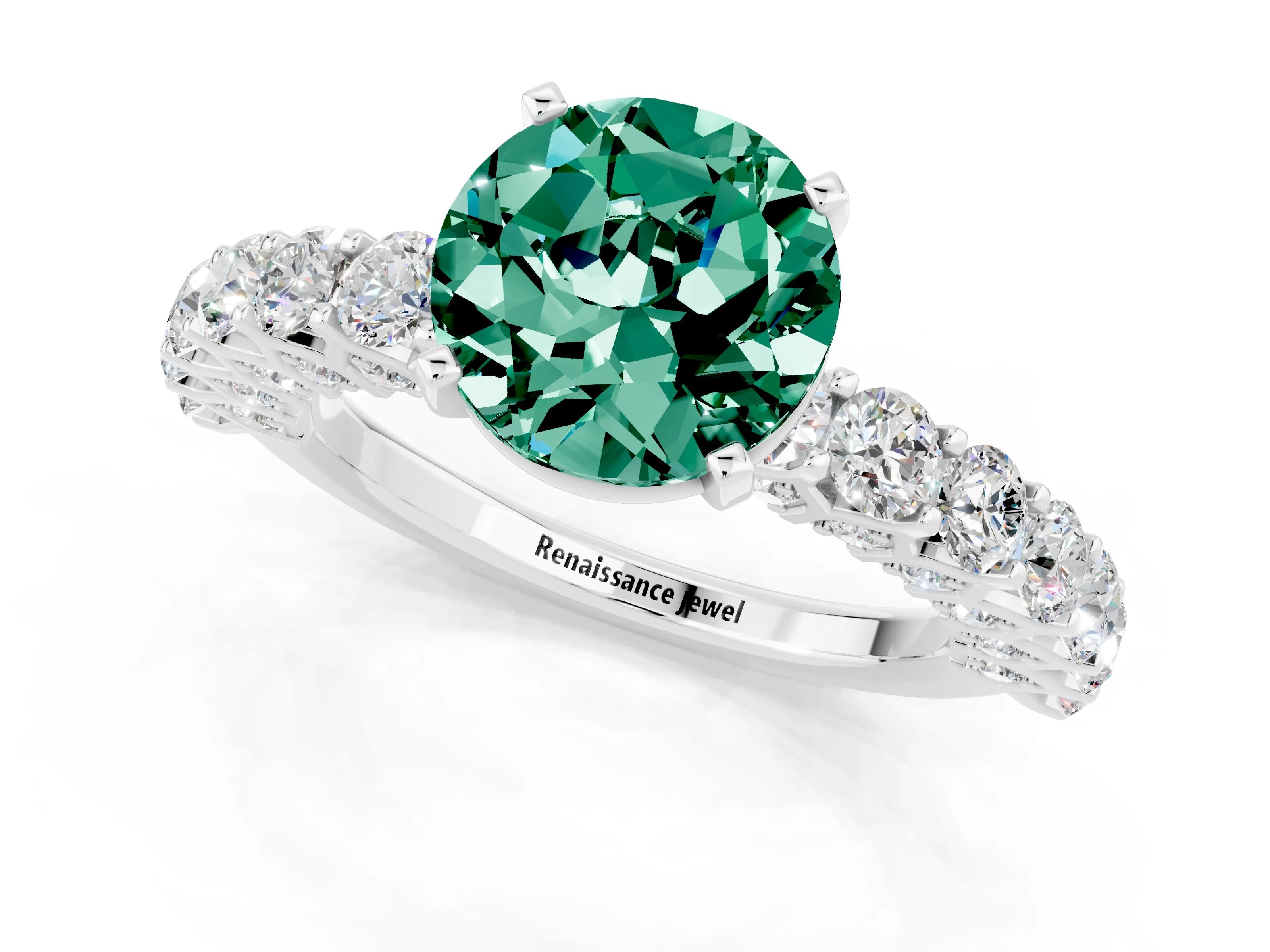 White gold Round Cut Green Sapphire Solitaire Ring with Shared Prong Pavé Band and Four-Prong Setting_1