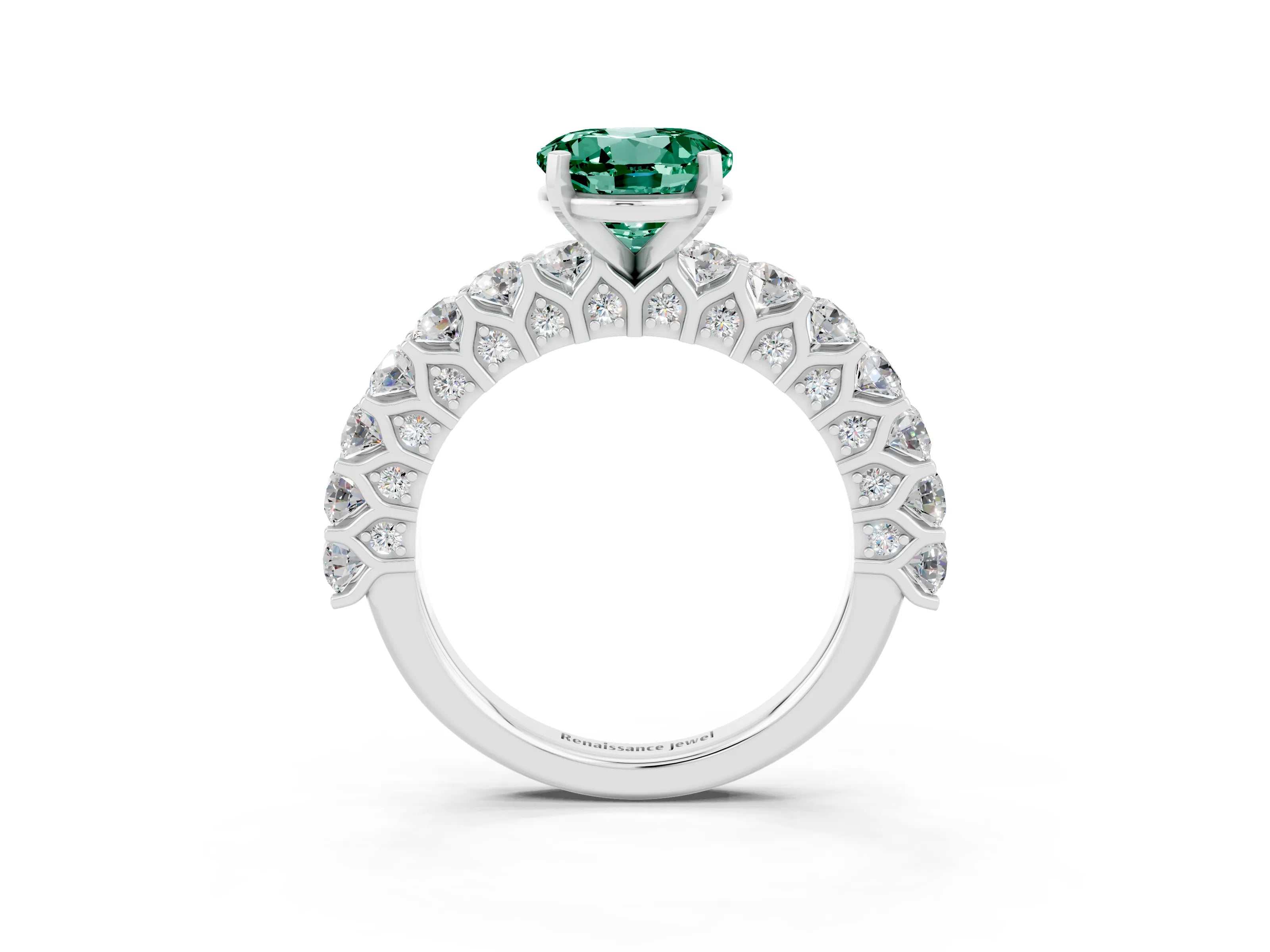 White gold Round Cut Green Sapphire Solitaire Ring with Shared Prong Pavé Band and Four-Prong Setting_3
