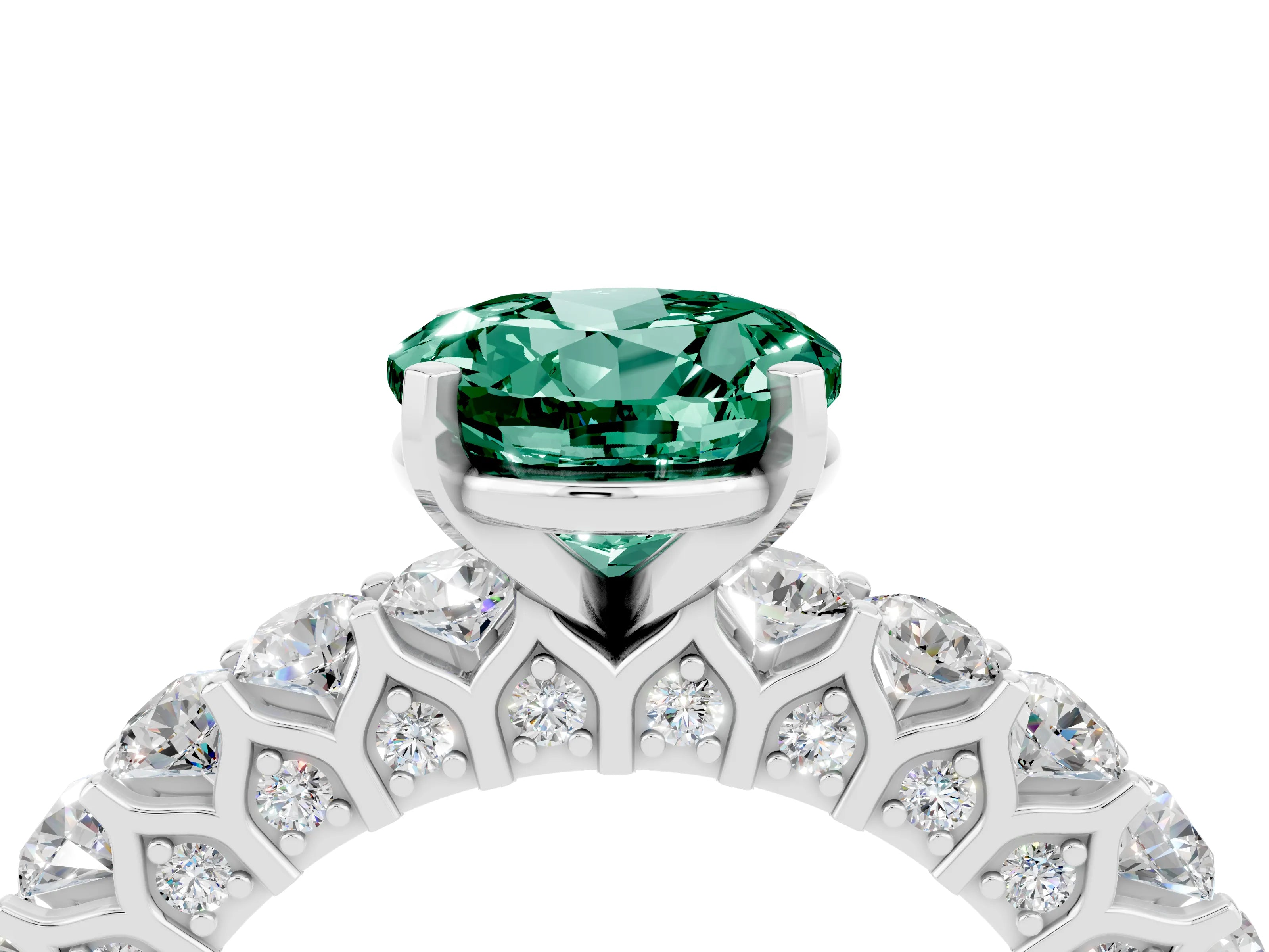 White gold Round Cut Green Sapphire Solitaire Ring with Shared Prong Pavé Band and Four-Prong Setting_4