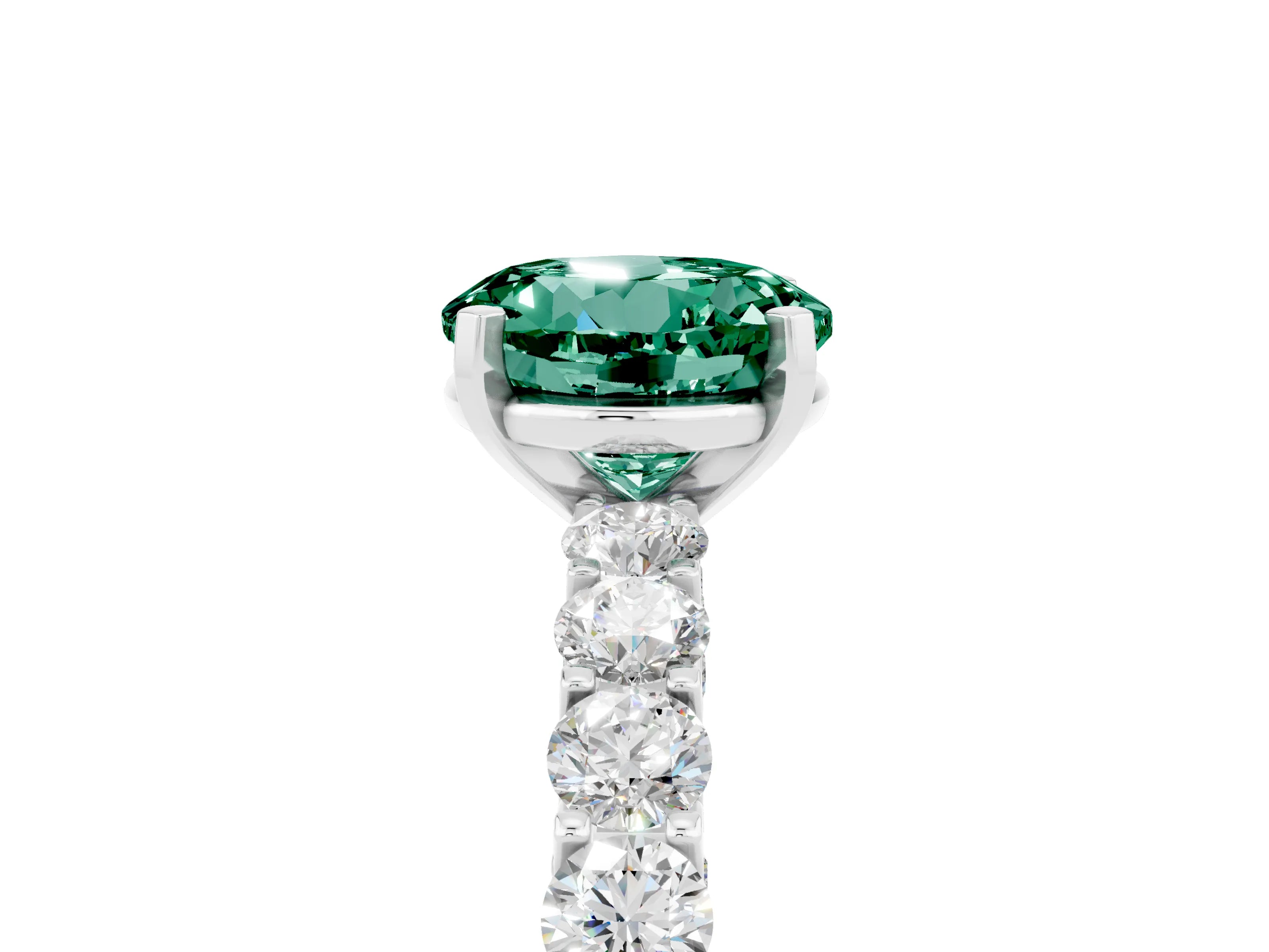 White gold Round Cut Green Sapphire Solitaire Ring with Shared Prong Pavé Band and Four-Prong Setting_5