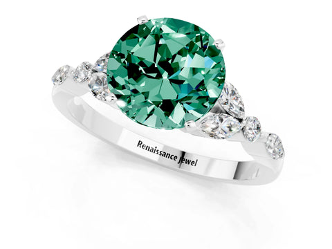 White gold Round Cut Green Sapphire Solitaire Ring with Side Stones and Four-Prong Setting_13
