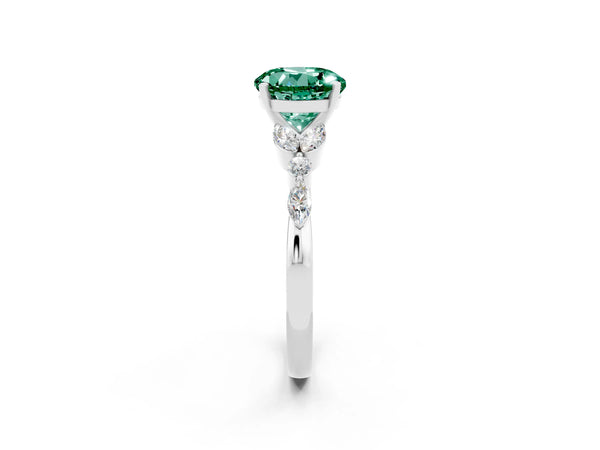 Platinum Round Cut Green Sapphire Solitaire Ring with Side Stones and Four-Prong Setting