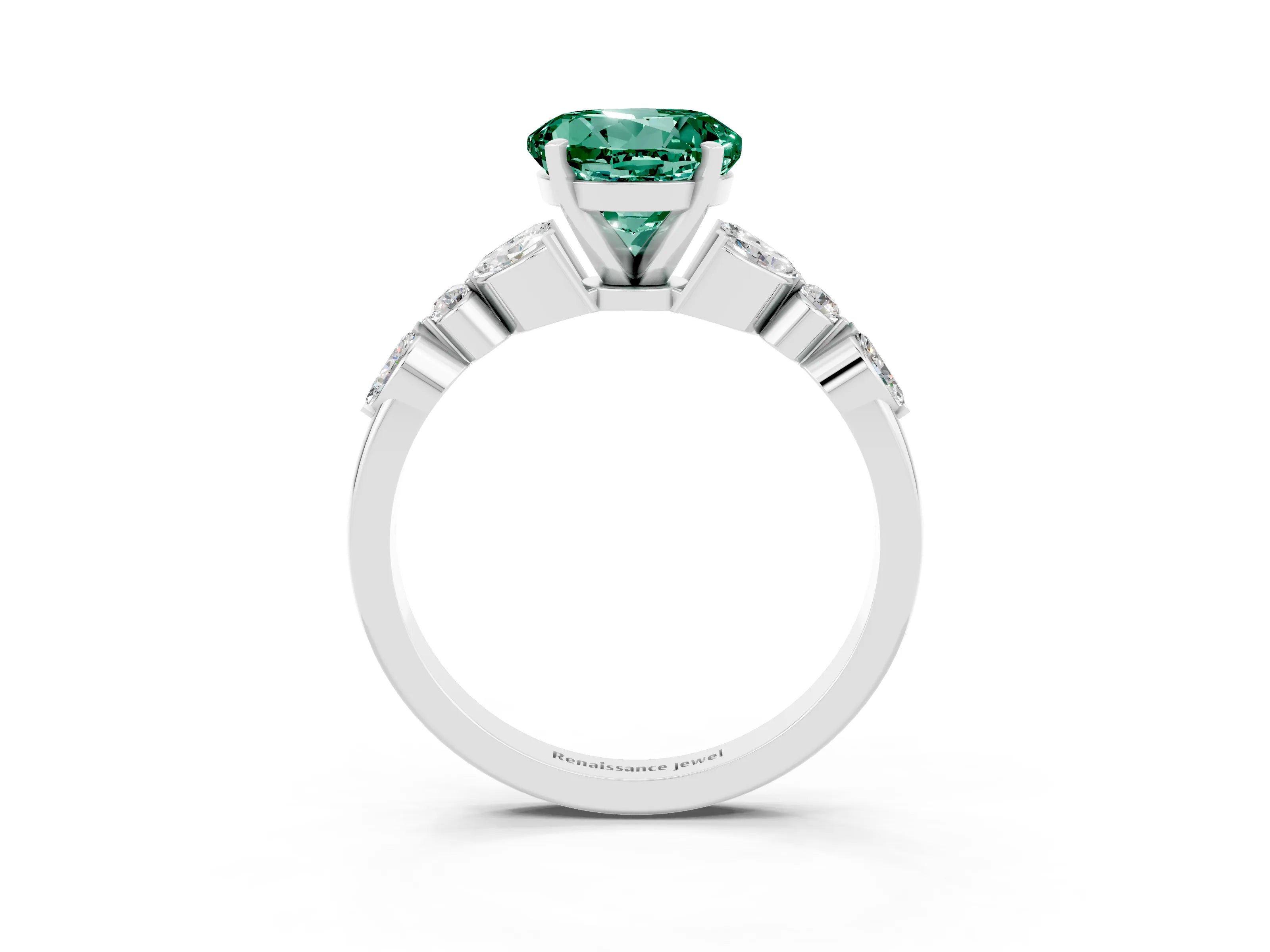 White gold Round Cut Green Sapphire Solitaire Ring with Side Stones and Four-Prong Setting_15