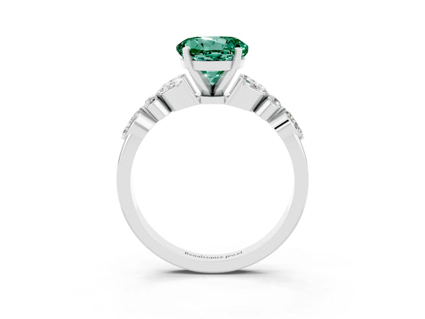 Silver Round Cut Green Sapphire Solitaire Ring with Side Stones and Four-Prong Setting