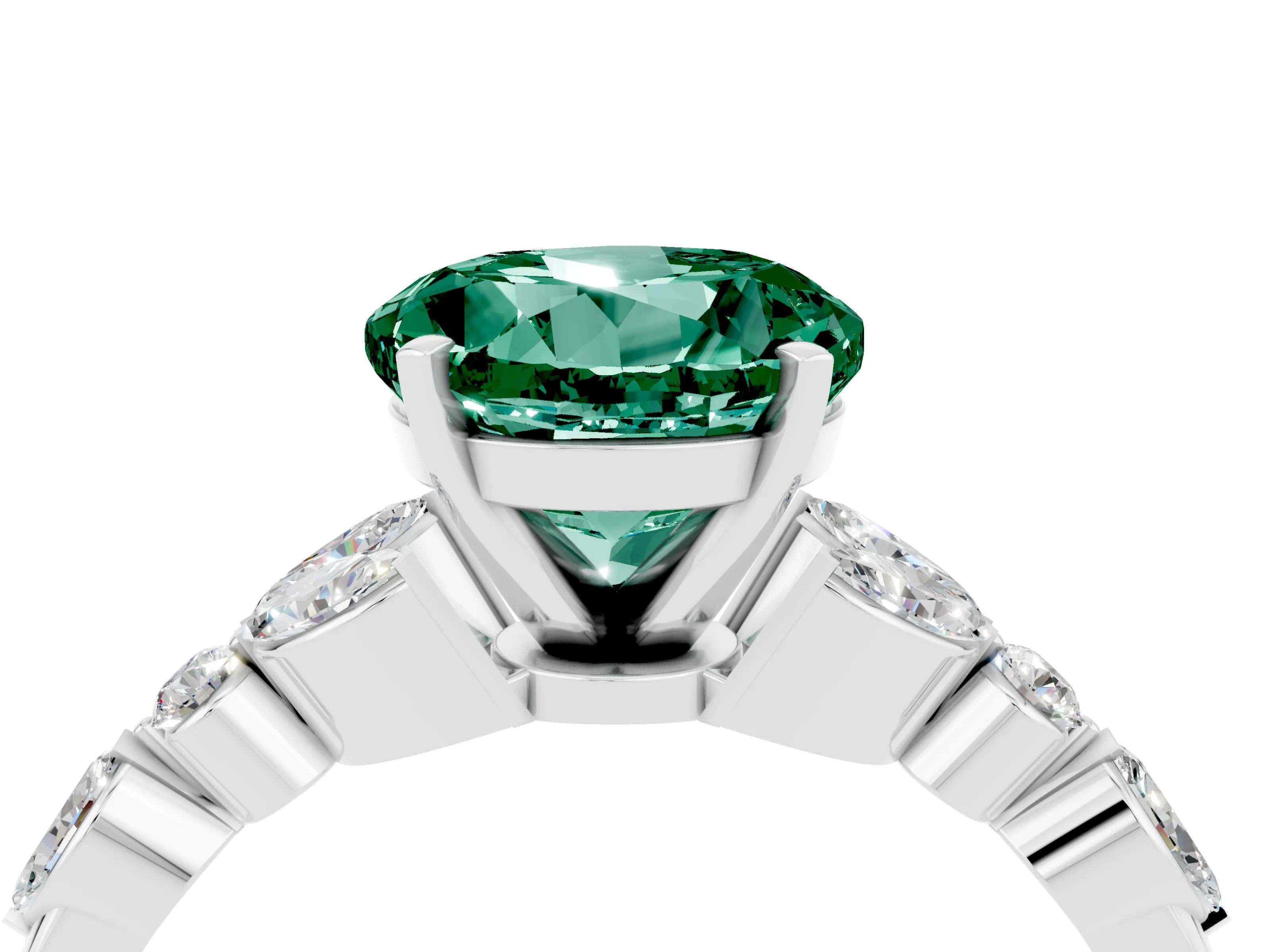 White gold Round Cut Green Sapphire Solitaire Ring with Side Stones and Four-Prong Setting_16