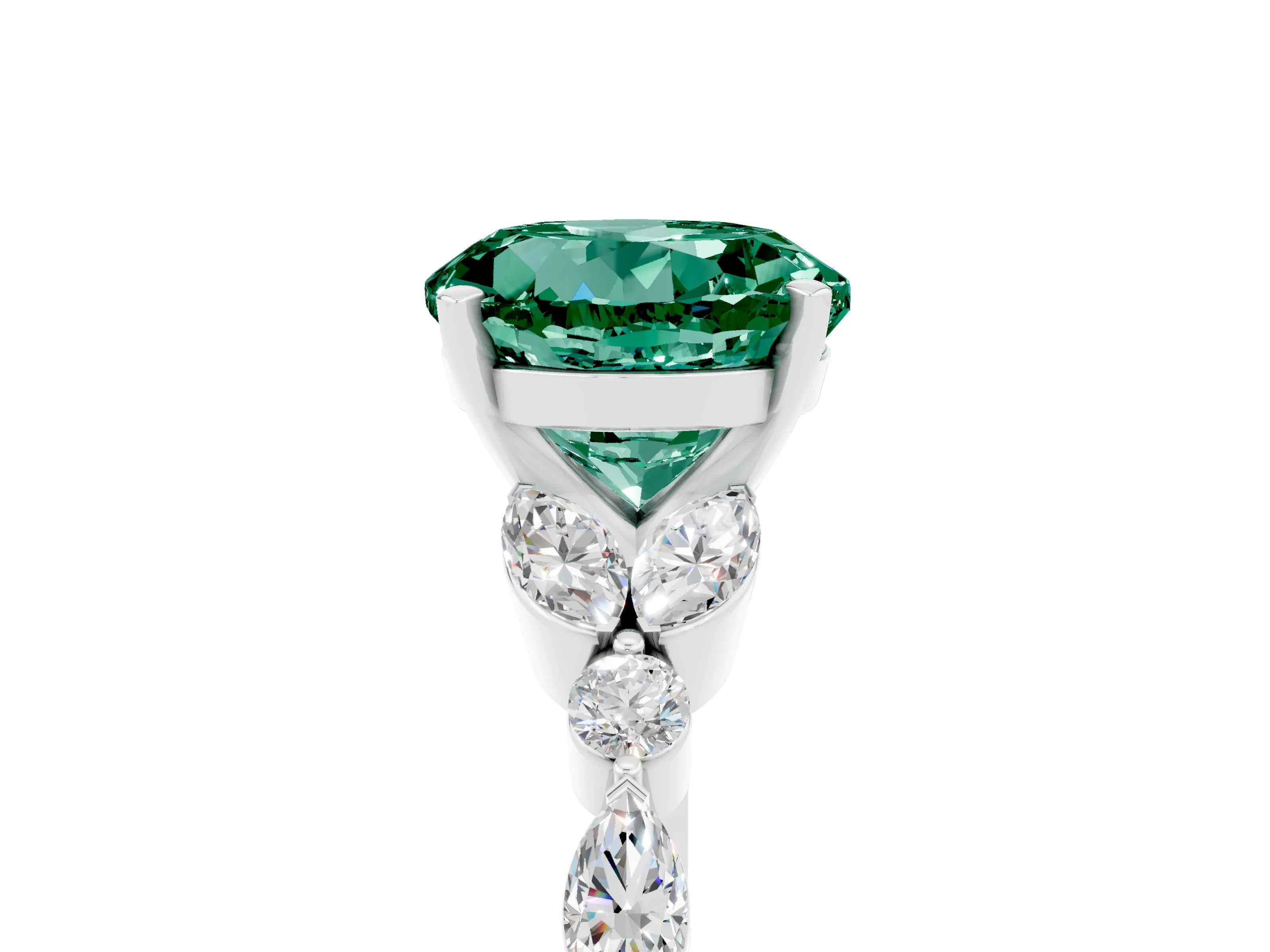 White gold Round Cut Green Sapphire Solitaire Ring with Side Stones and Four-Prong Setting_17