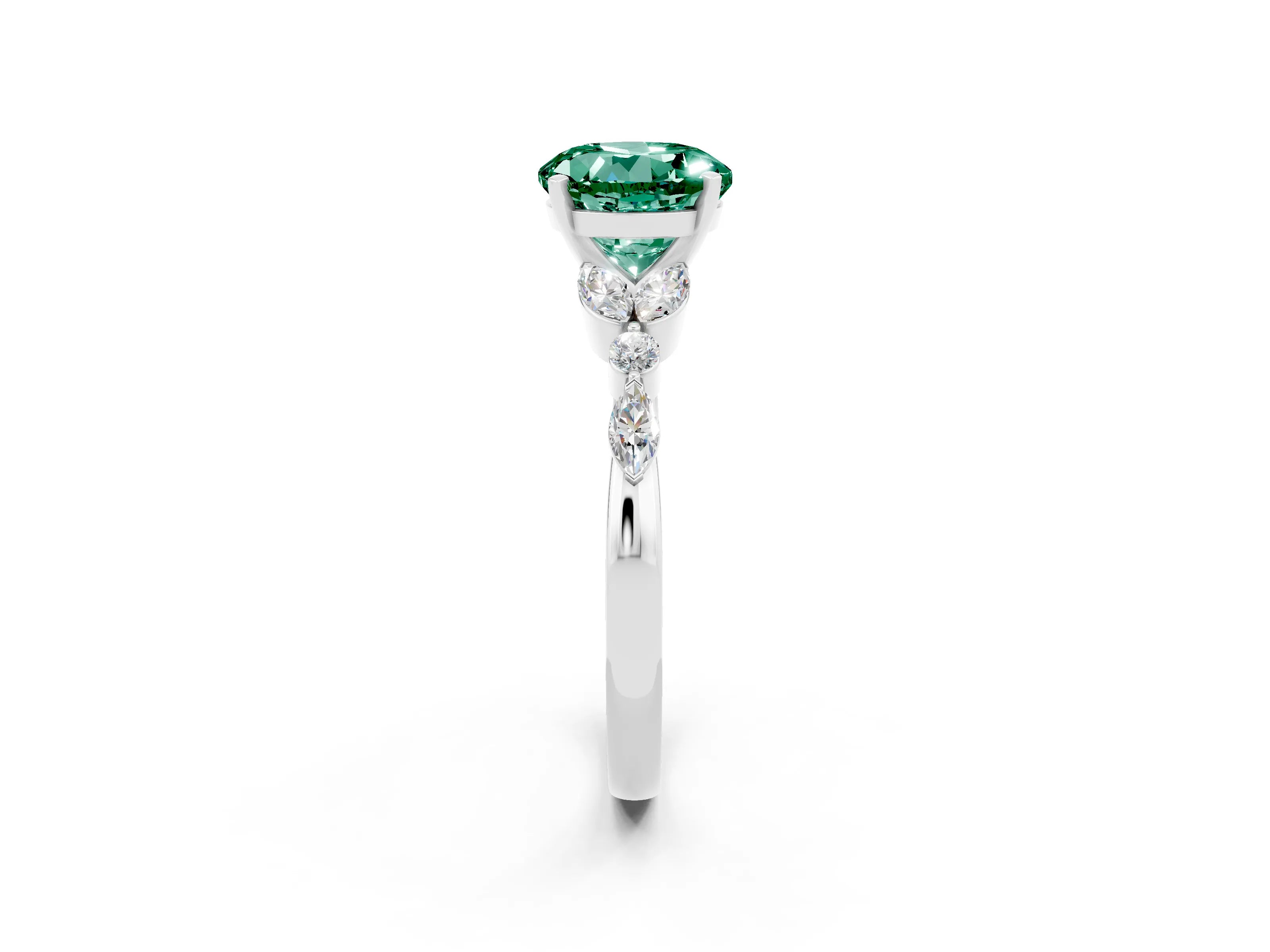 White gold Round Cut Green Sapphire Solitaire Ring with Side Stones and Four-Prong Setting_26