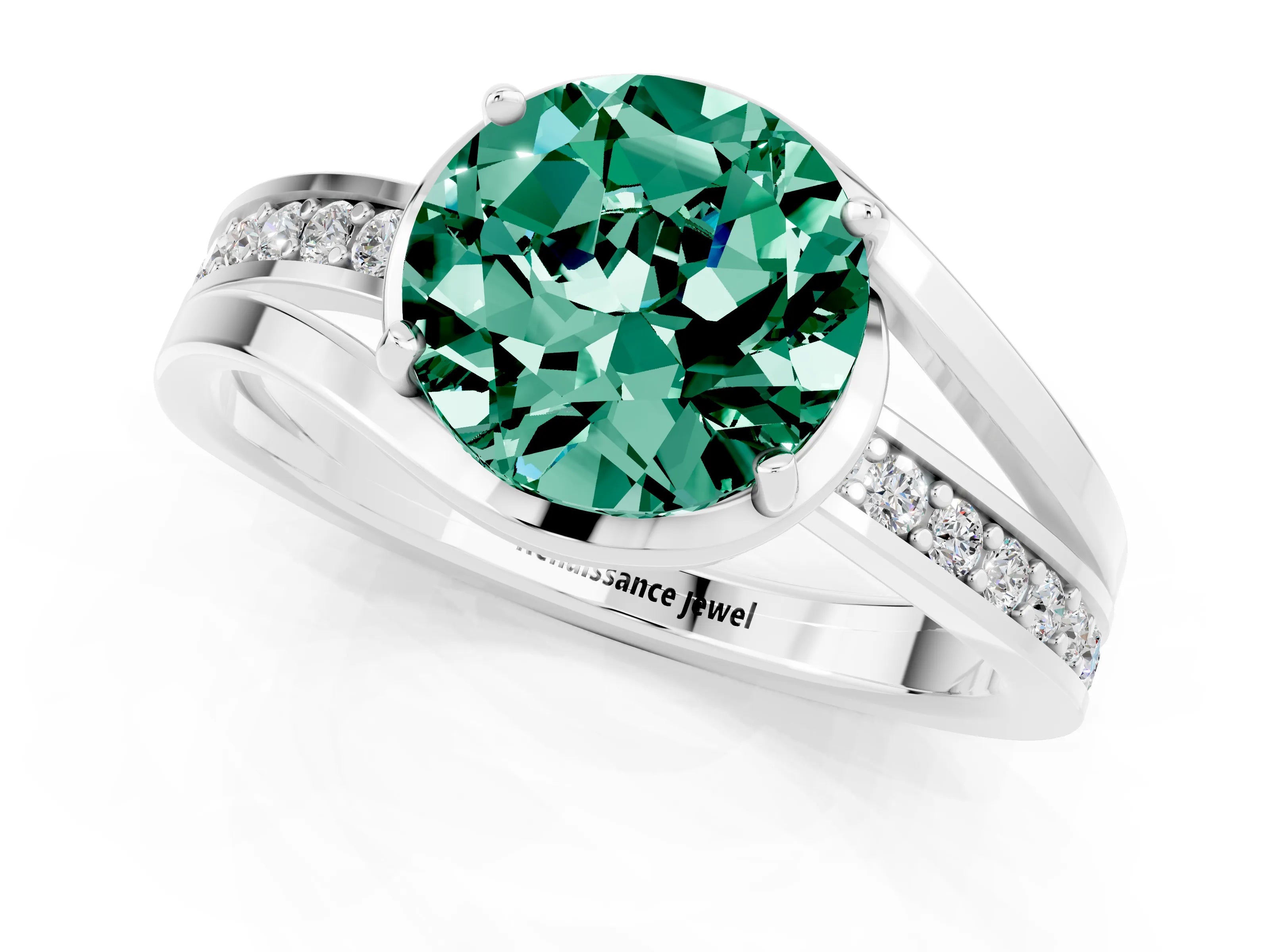White gold Round Cut Green Sapphire Solitaire Ring with Split Shank and Prong Setting_1