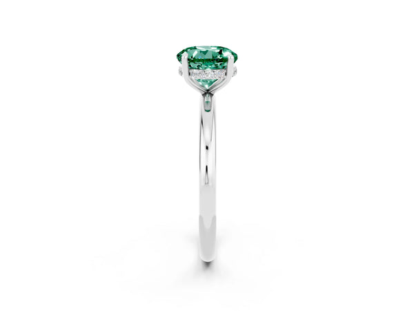 Silver Round Cut Green Sapphire Solitaire Ring with Thin Band and Four-Prong Setting