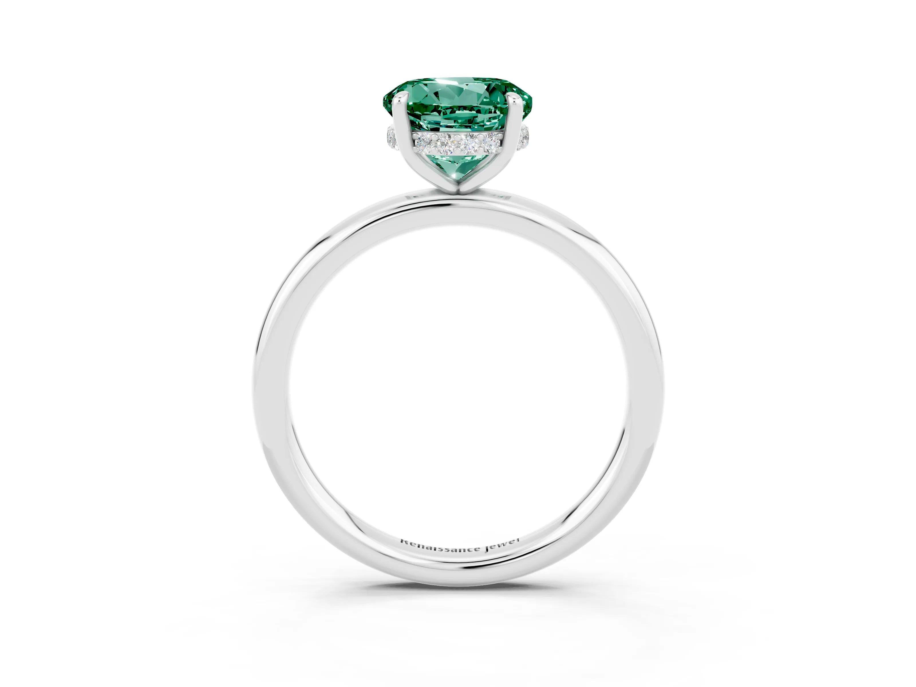 White gold Round Cut Green Sapphire Solitaire Ring with Thin Band and Four-Prong Setting_15