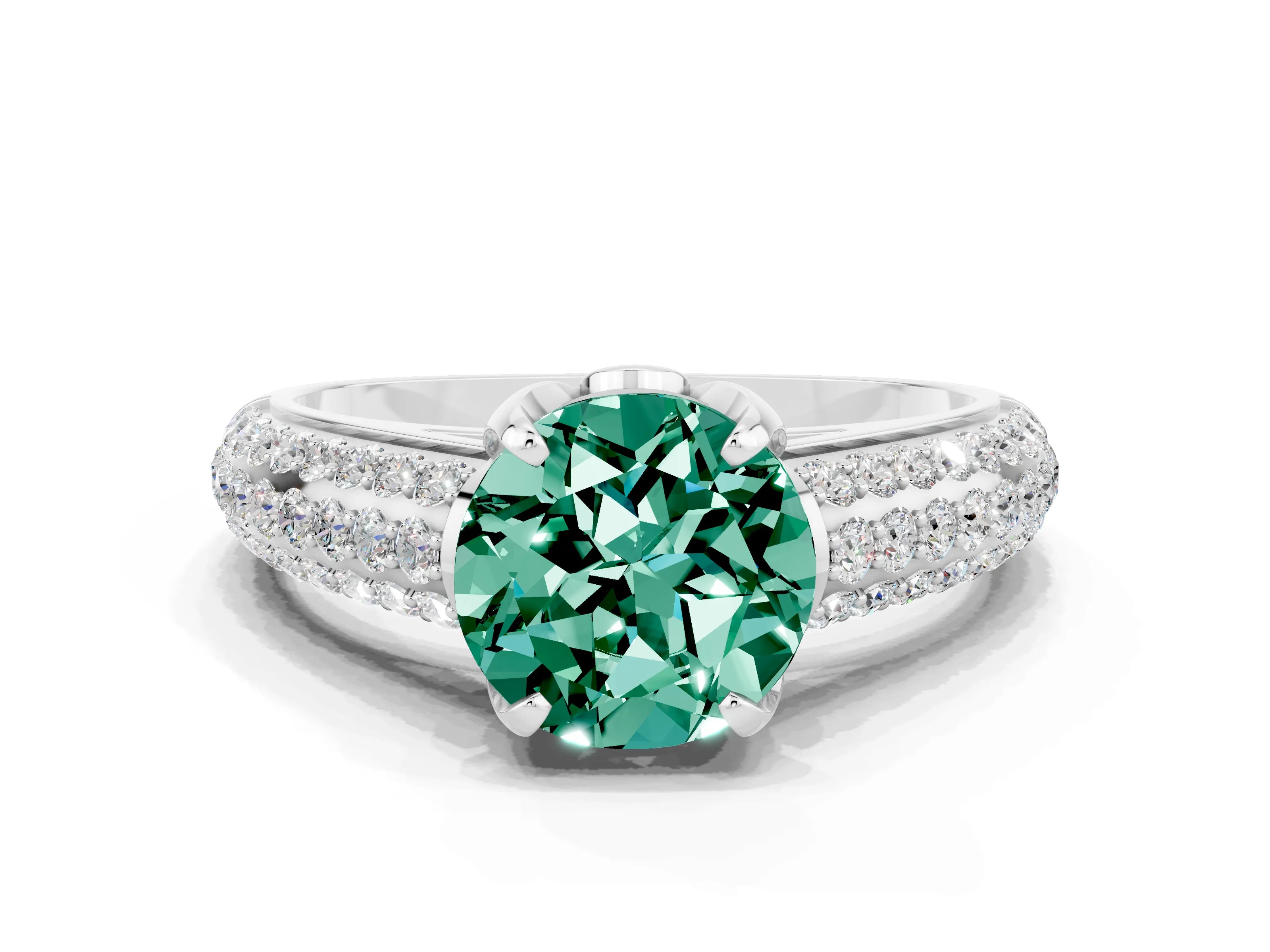 White gold Round Cut Green Sapphire Solitaire Ring with Three-Row Pavé Band and Four-Prong Setting_12