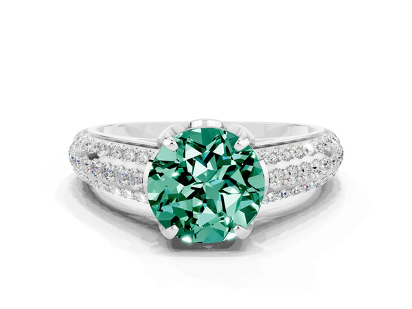 Platinum Round Cut Green Sapphire Solitaire Ring with Three-Row Pavé Band and Four-Prong Setting
