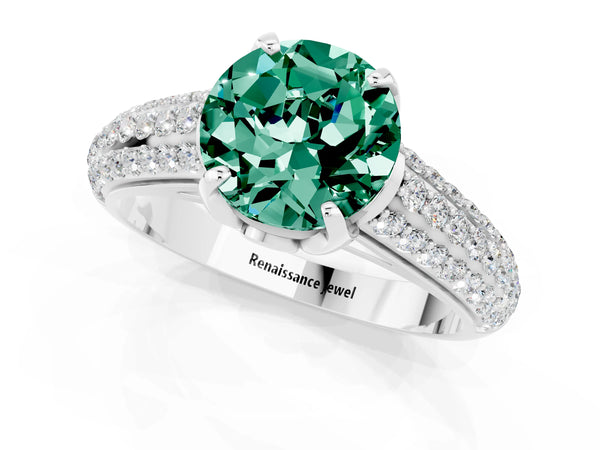 Platinum Round Cut Green Sapphire Solitaire Ring with Three-Row Pavé Band and Four-Prong Setting