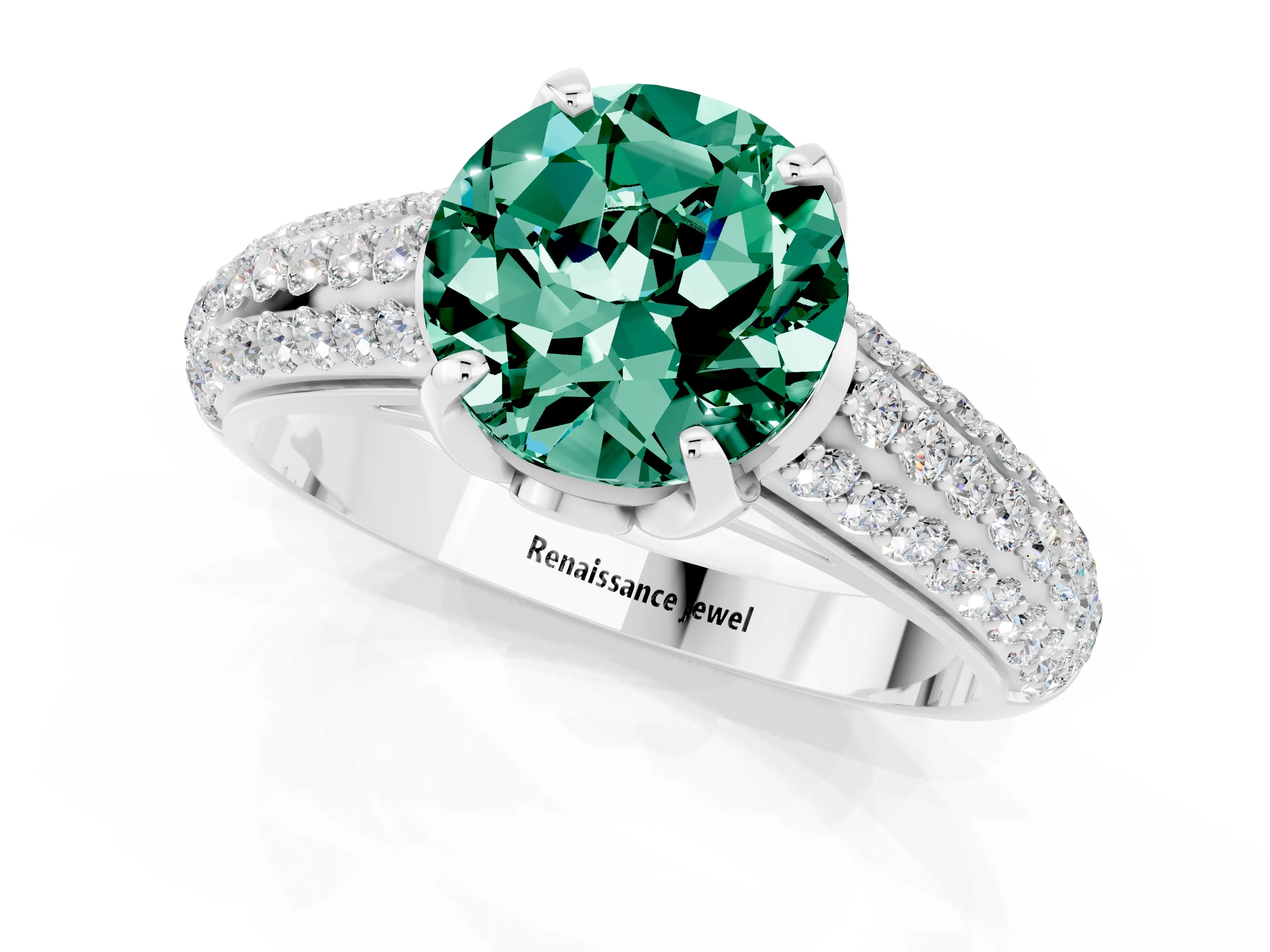 White gold Round Cut Green Sapphire Solitaire Ring with Three-Row Pavé Band and Four-Prong Setting_13